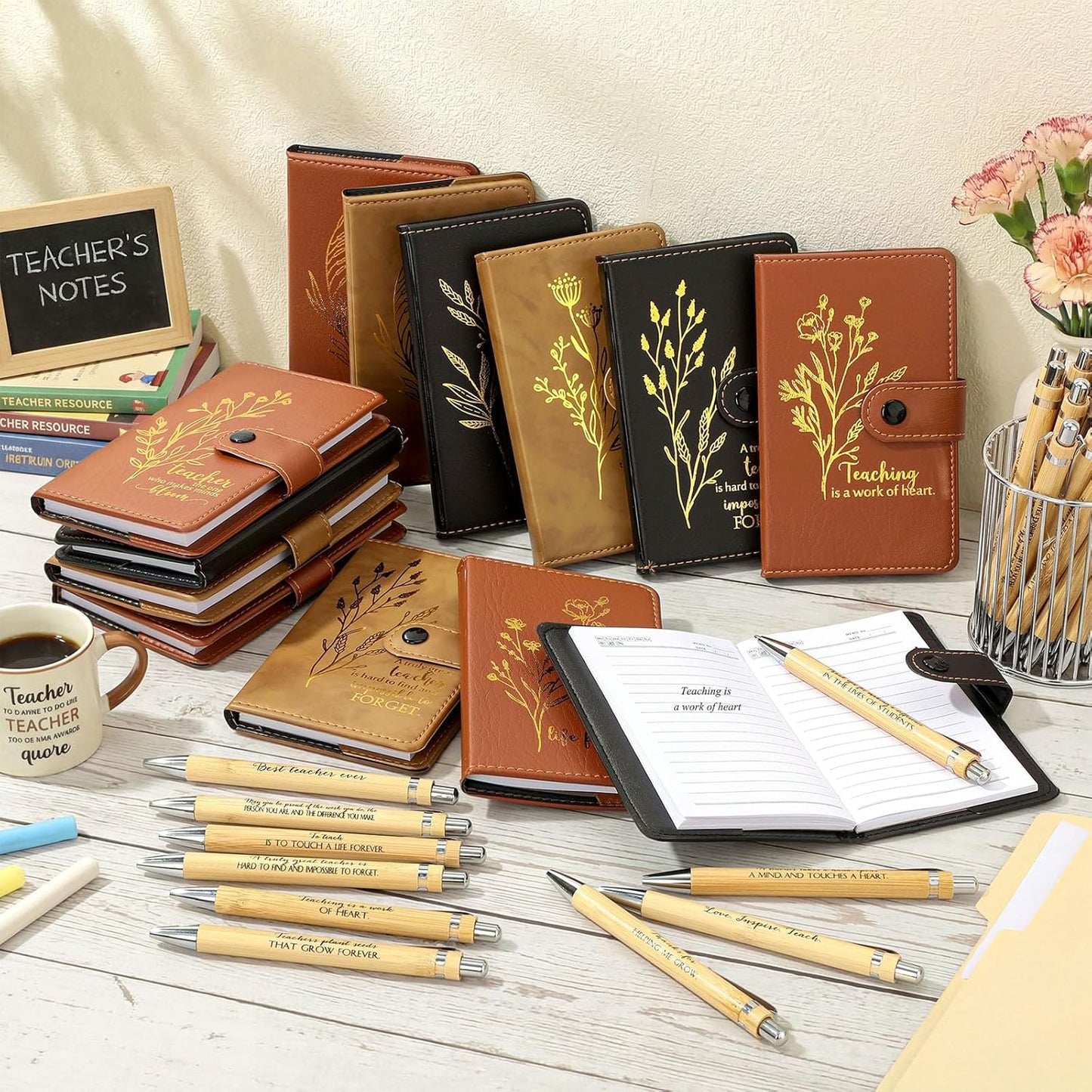 Teacher Appreciation Gifts – Inspirational Floral Leather Notebooks and Bamboo Pens with Motivational Quotes Ideal for Week, Back-to-School, Staff Gifts(Basic,60) -