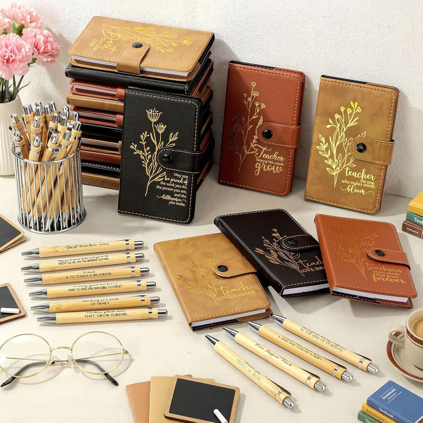 Teacher Appreciation Gifts – Inspirational Floral Leather Notebooks and Bamboo Pens with Motivational Quotes Ideal for Week, Back-to-School, Staff Gifts(Basic,60) -