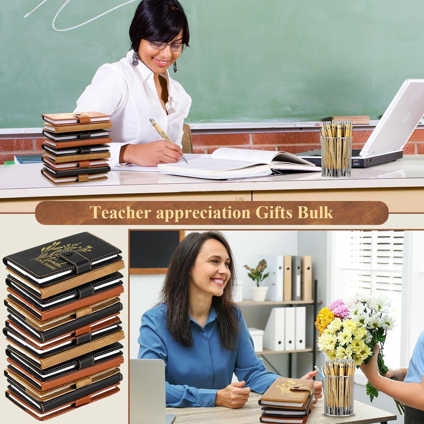 Teacher Appreciation Gifts – Inspirational Floral Leather Notebooks and Bamboo Pens with Motivational Quotes Ideal for Week, Back-to-School, Staff Gifts(Basic,60) -
