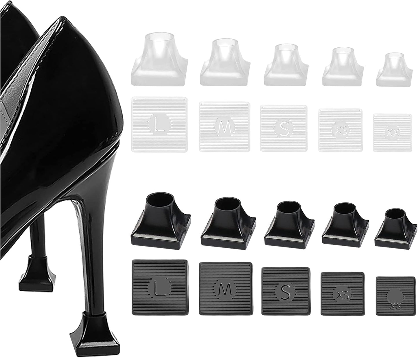 10 Pairs High Heel Protectors 5 Sizes Repair Caps Covers & Stoppers Cover Replacement Tip for Outdoor Weddings/Stop Sinking at Grass/Gravel/Bricks and Cracks Black,clear -