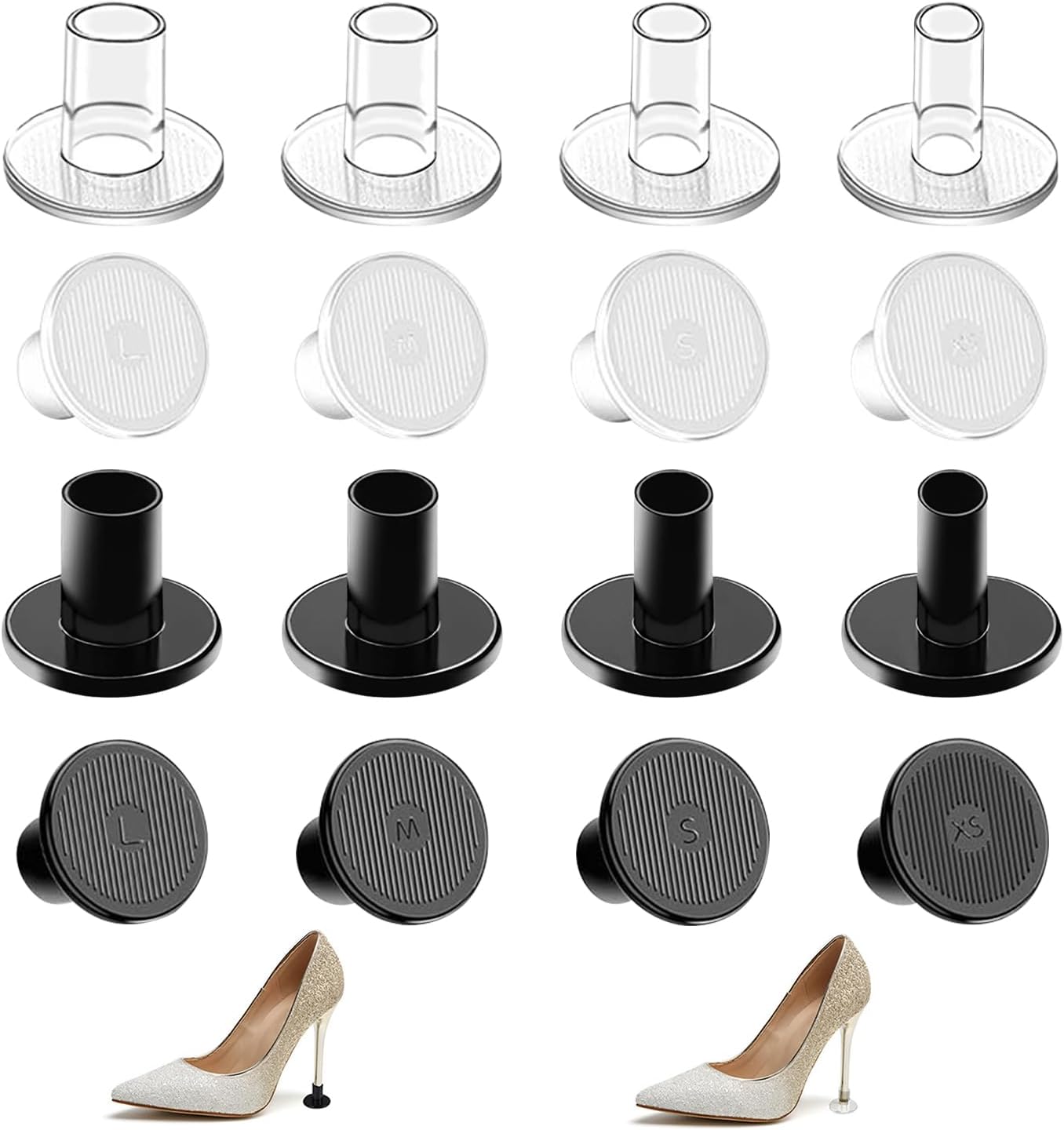 High Heel Protectors, 8 Pairs Stoppers & Repair Caps - 4 Sizes Shoe Cover for Women Perfect Weddings, Grass, Gravel, Wetlands(XS,S,M,L), Black, Pair (Pack of 1) Black-transparent sizes (XS/S/M/L)