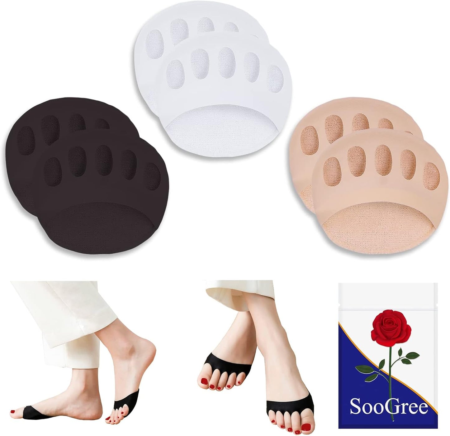 Metatarsa Foot Pads(3pairs) Reusable Soft Ball of Cushions Forefoot Pads for Women Prevention Pain Relief Honeycomb Fabric Black-beige-white -