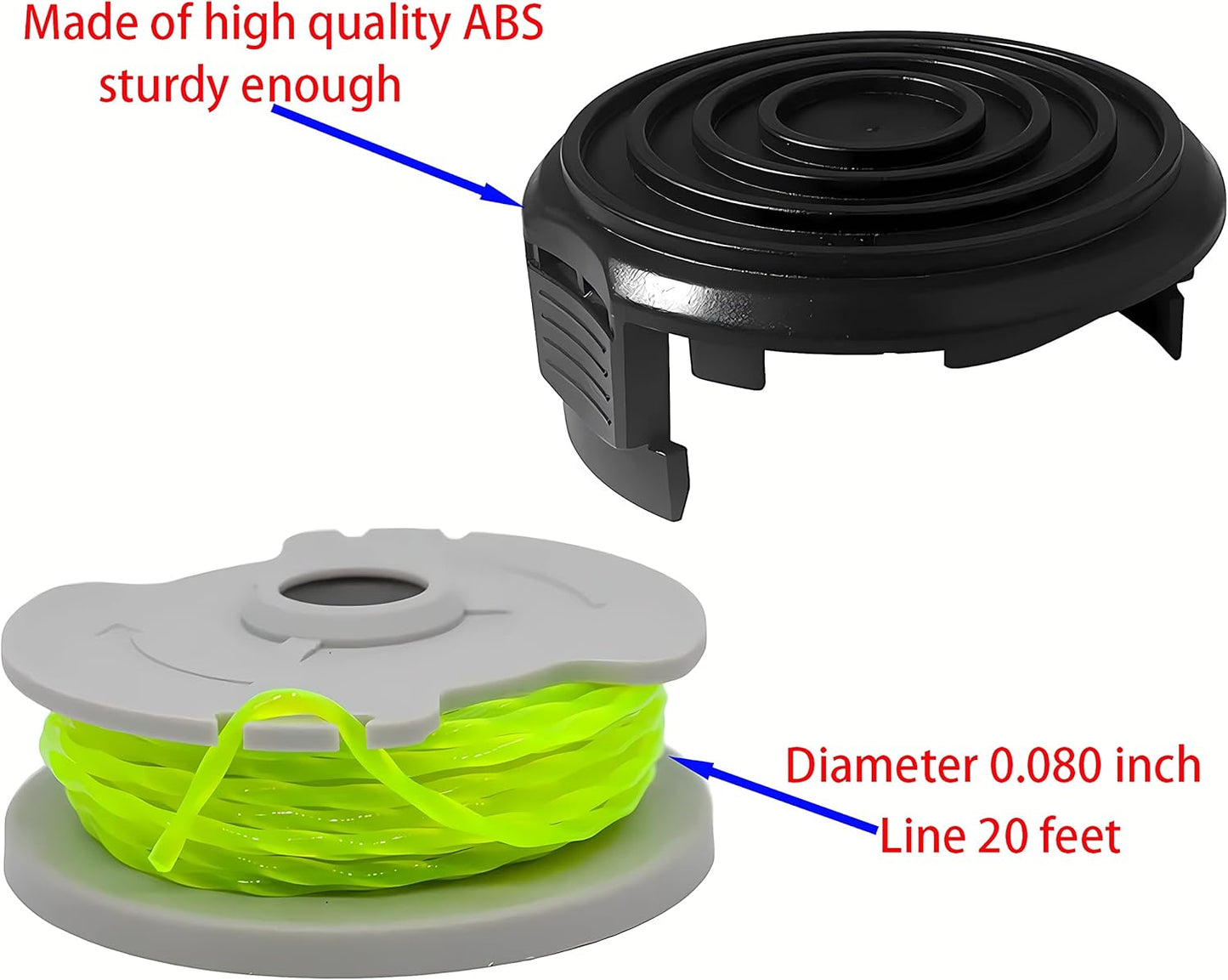 WA0014 Trimmer Line Replacement, for Worx WG168 WG184 WG190 WG191 Weed Eater String Edger - 20 ft 0.080" with WA0037 Cap Covers (8 spools, 2 Cap)