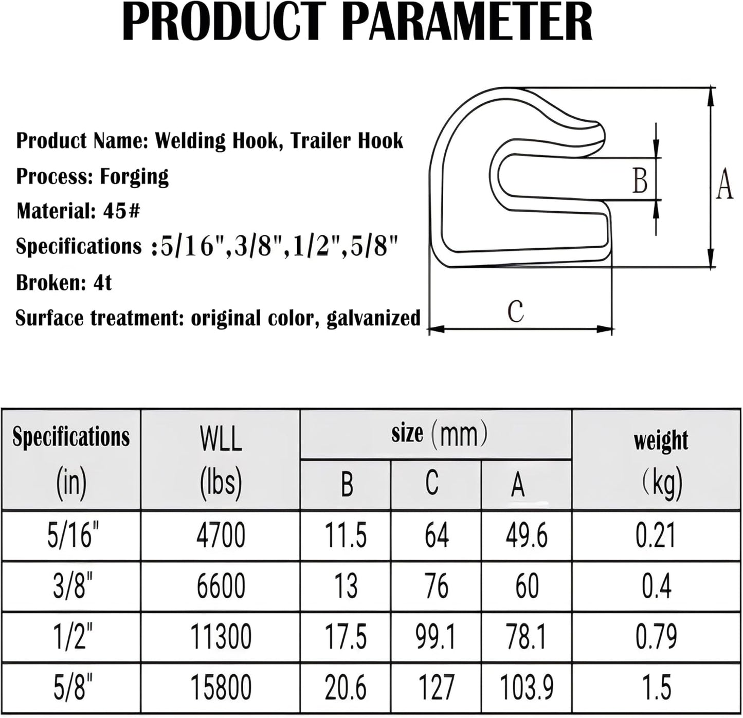 Weld On Grab Chain Hook,3/8" Hooks,Grade 70 Load Limit: 6600 lbs,for Welded onto Tractors or excavators -