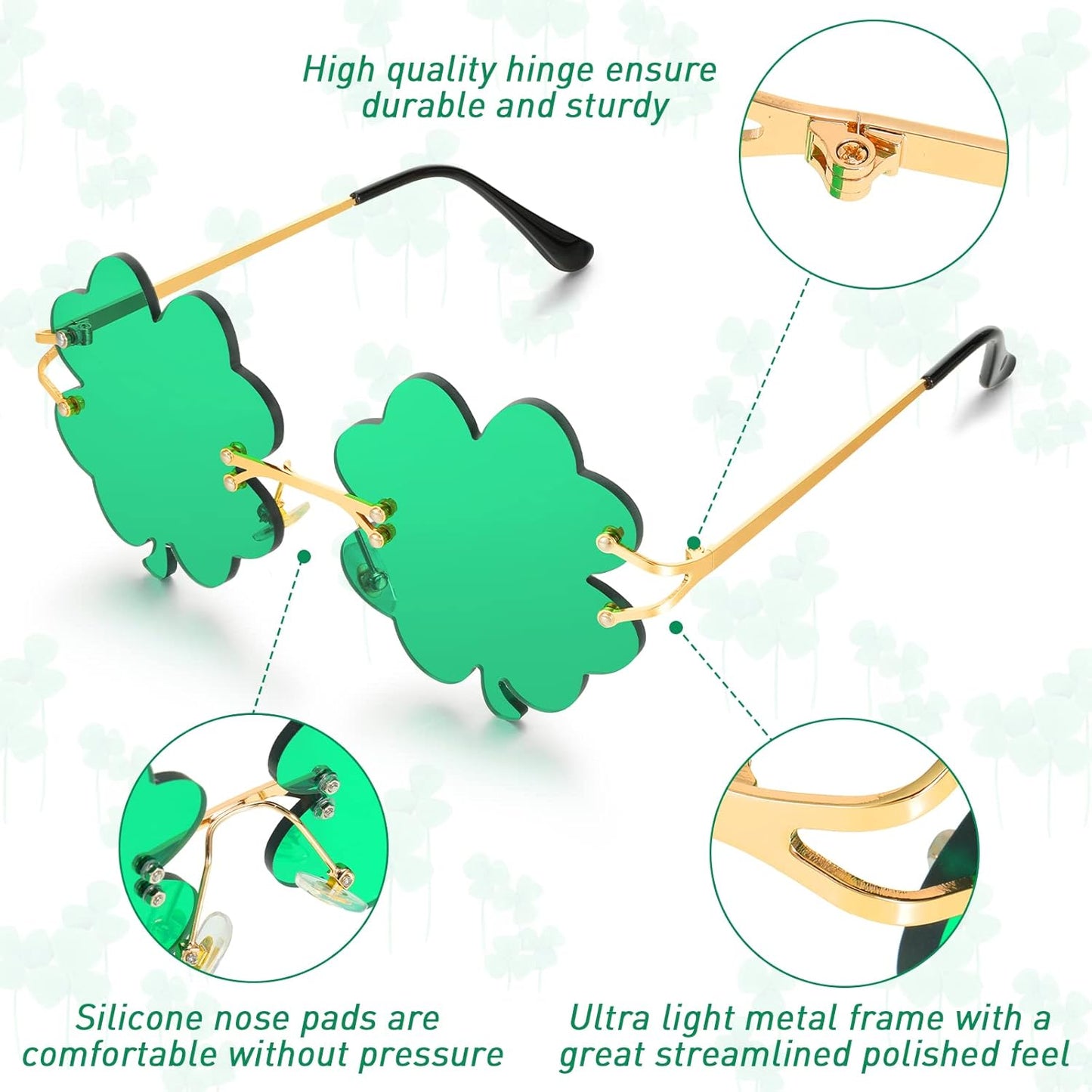 4 Pairs St. Patrick's Day Glasses Accessories Irish Shamrock Sunglasses Decor Party Favors Supplies Leprechaun Costume Green for Women Men -
