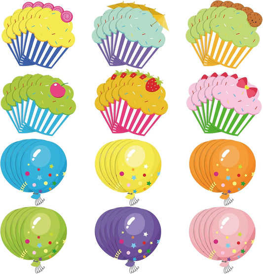 60 Pieces Colorful Cupcake Cutouts Birthday Classroom Bulletin Board Decorations Creative Cupcakes Balloons Name Tags for Door (Cupcake, Balloons) -