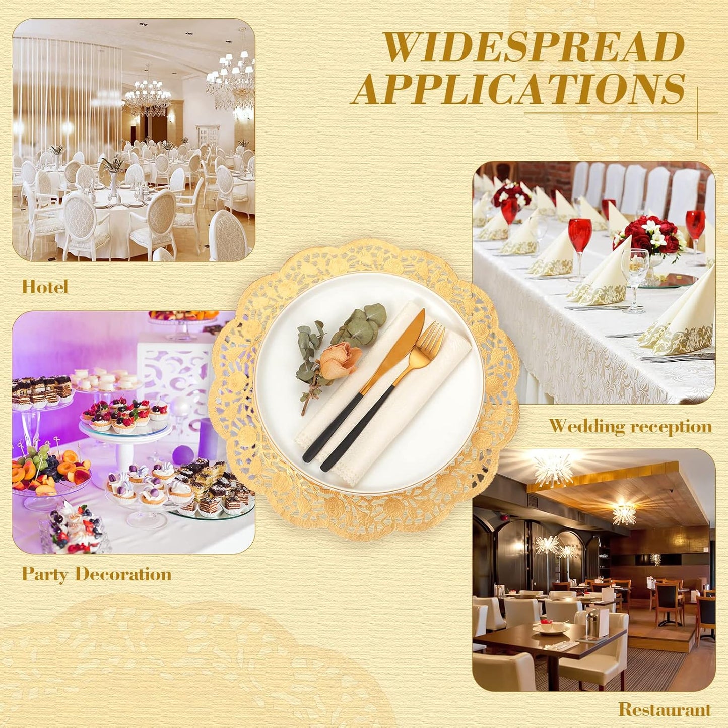 200 Pcs Doilies Lace Paper 14 Inches Disposable Foil Placemats Large Round Pad for Cakes Crafts Wedding Birthday Party Decoration(Gold) Gold -