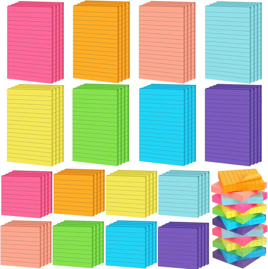64 Pcs Lined Sticky Notes Self Stick with Lines Bright Assorted Colors Pad for Home Office Products Post Memos, 1920 Sheets(4 x 6 Inch, 3 Inch,Vivid Color) Vivid Color 4 Inch