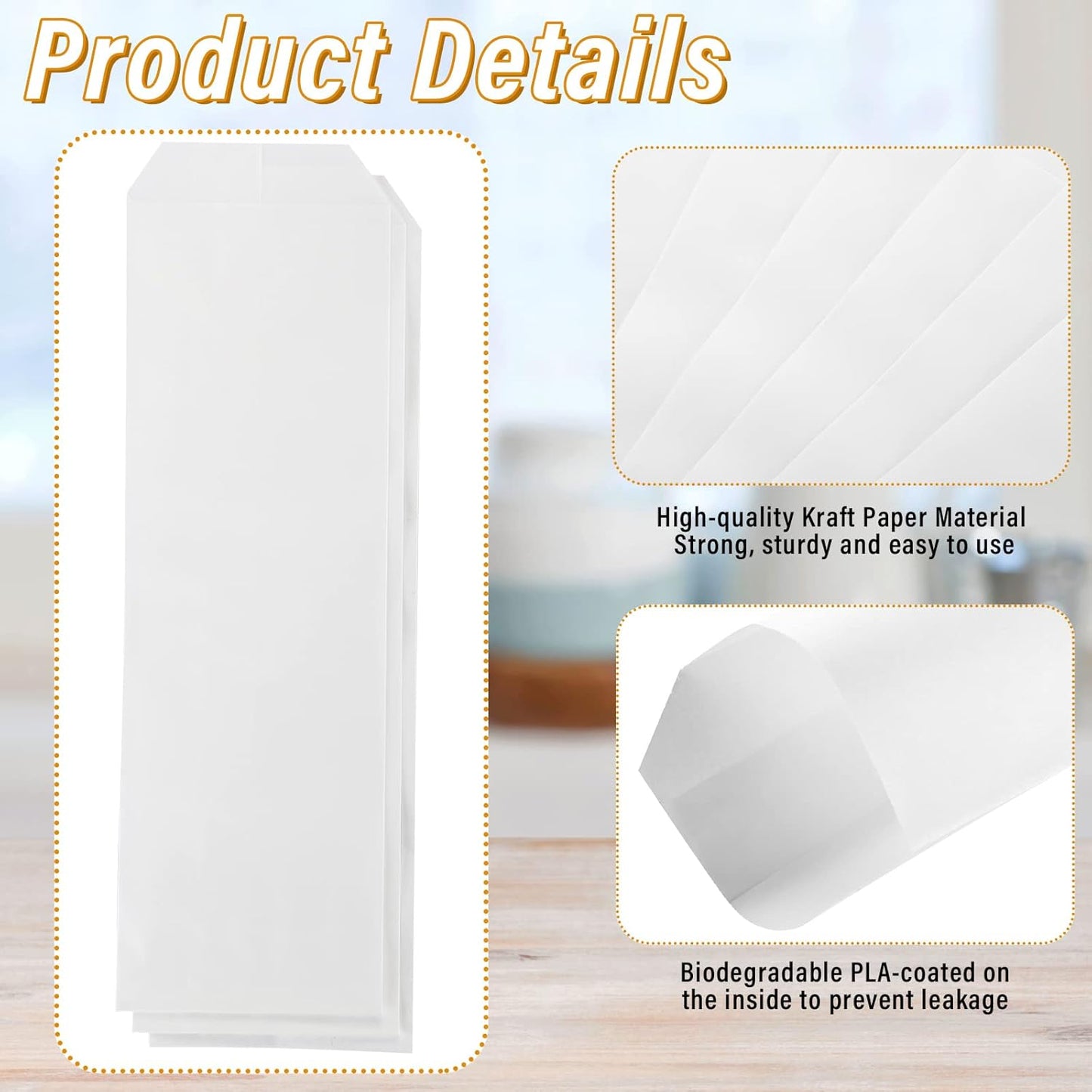 1000 Pieces White Silverware Bags Churro 3 x 10 Inch Kraft Sleeves Paper Utensil for Kitchen Cutlery Oilproof Pretzel Rod Cookies Bakery Treats -