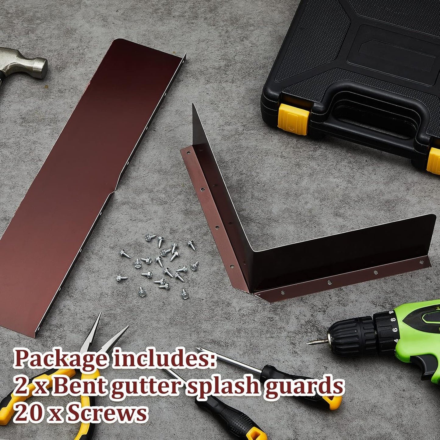 2 Pcs Gutter Valley Splash Guards Downspout Diverter Roof Rain Roofing with 20 Matching Screws for Corner House, Brown (Bent Style) -