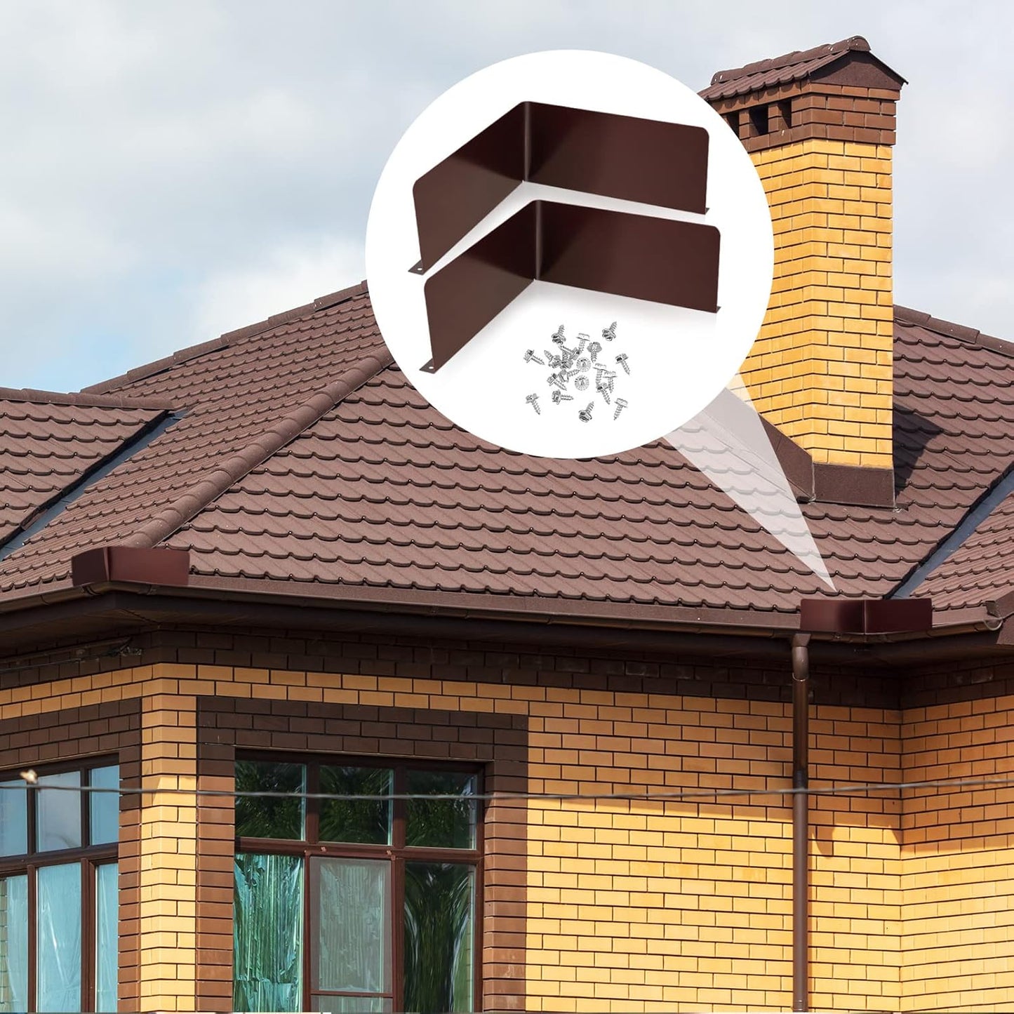 2 Pcs Gutter Valley Splash Guards Downspout Diverter Roof Rain Roofing with 20 Matching Screws for Corner House, Brown (Bent Style) -