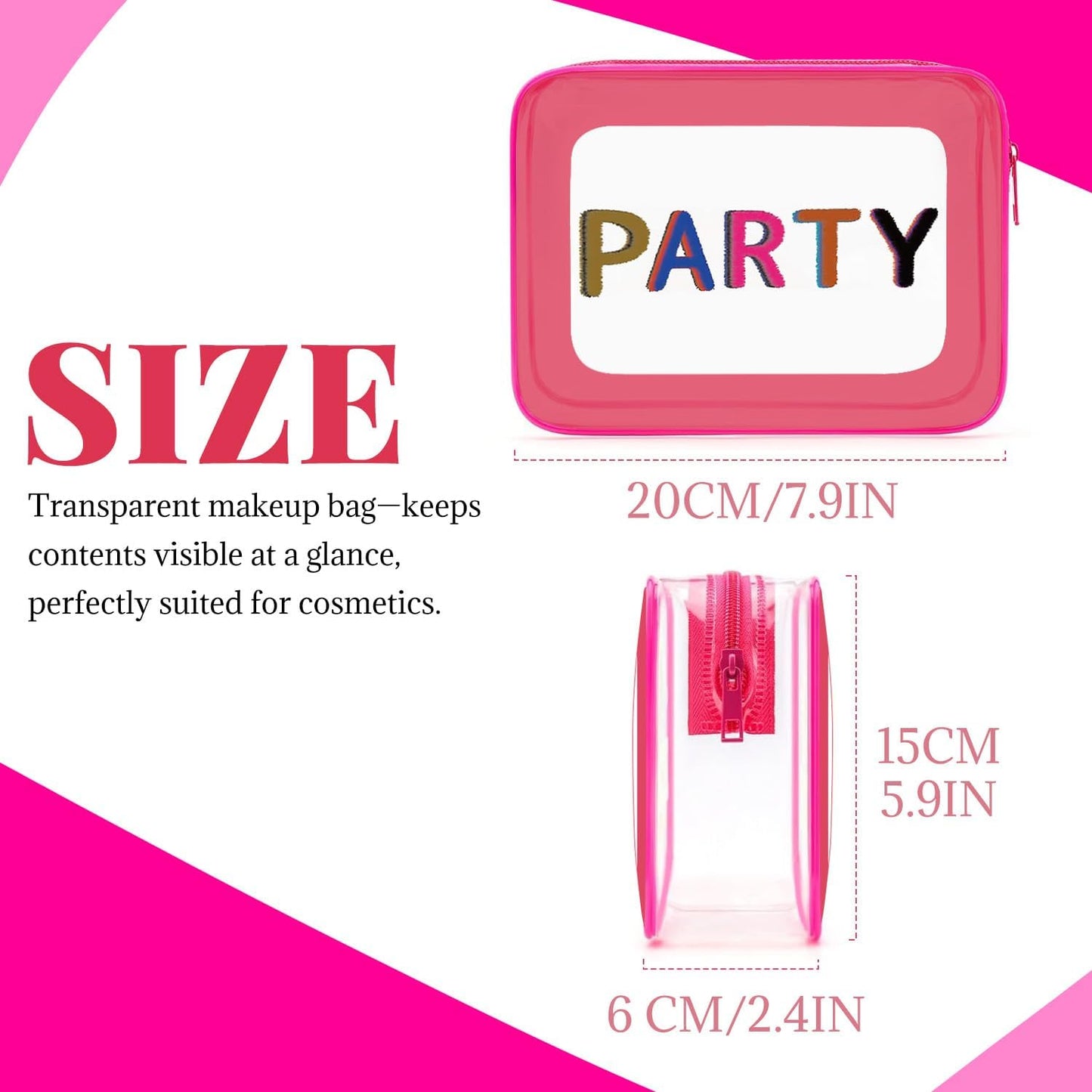 Clear Makeup Bag Travel Toiletry Organizer, Transparent PVC Cosmetic with Zipper, Waterproof Shower Organizer(Party Patterns Pink)