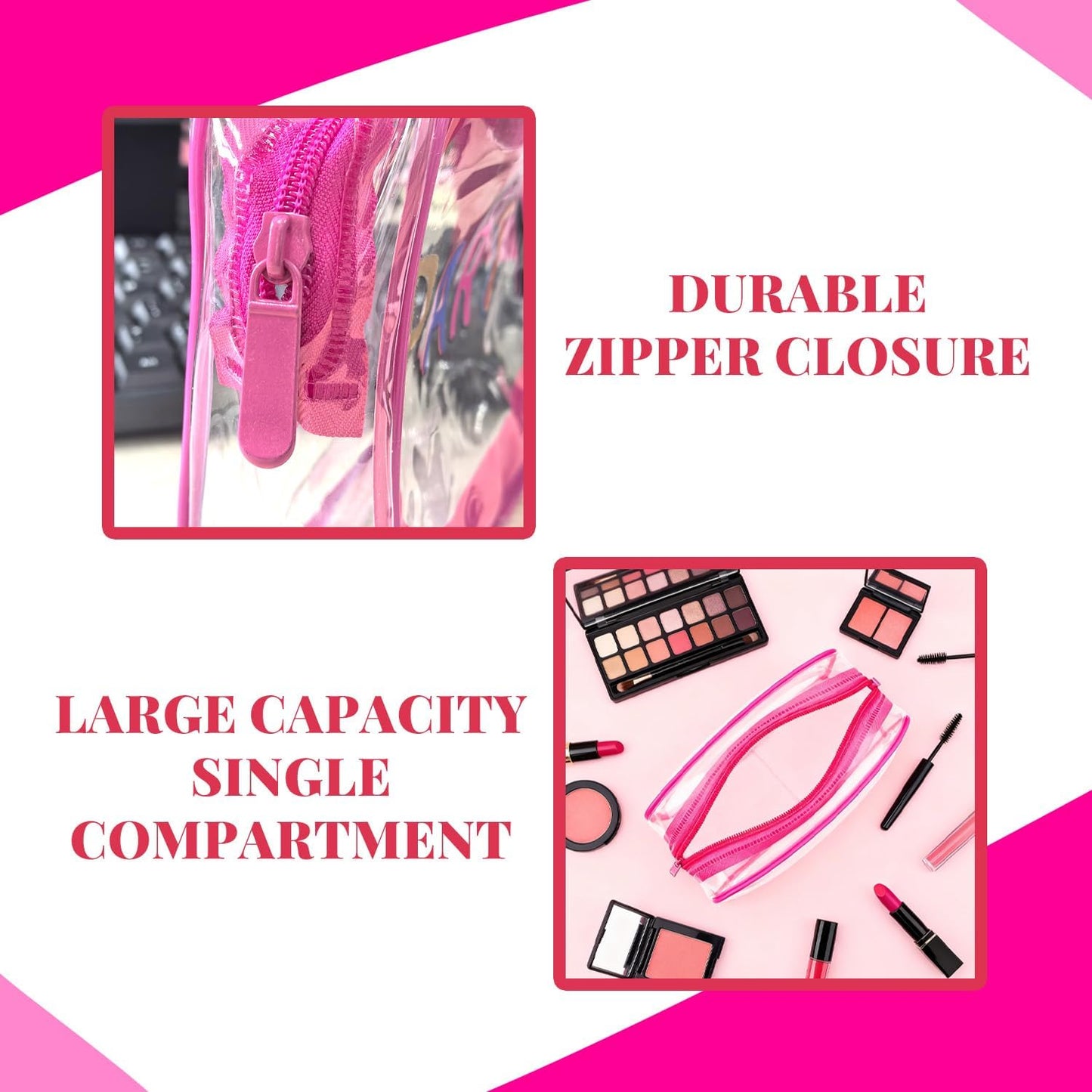 Clear Makeup Bag Travel Toiletry Organizer, Transparent PVC Cosmetic with Zipper, Waterproof Shower Organizer(Party Patterns Pink)