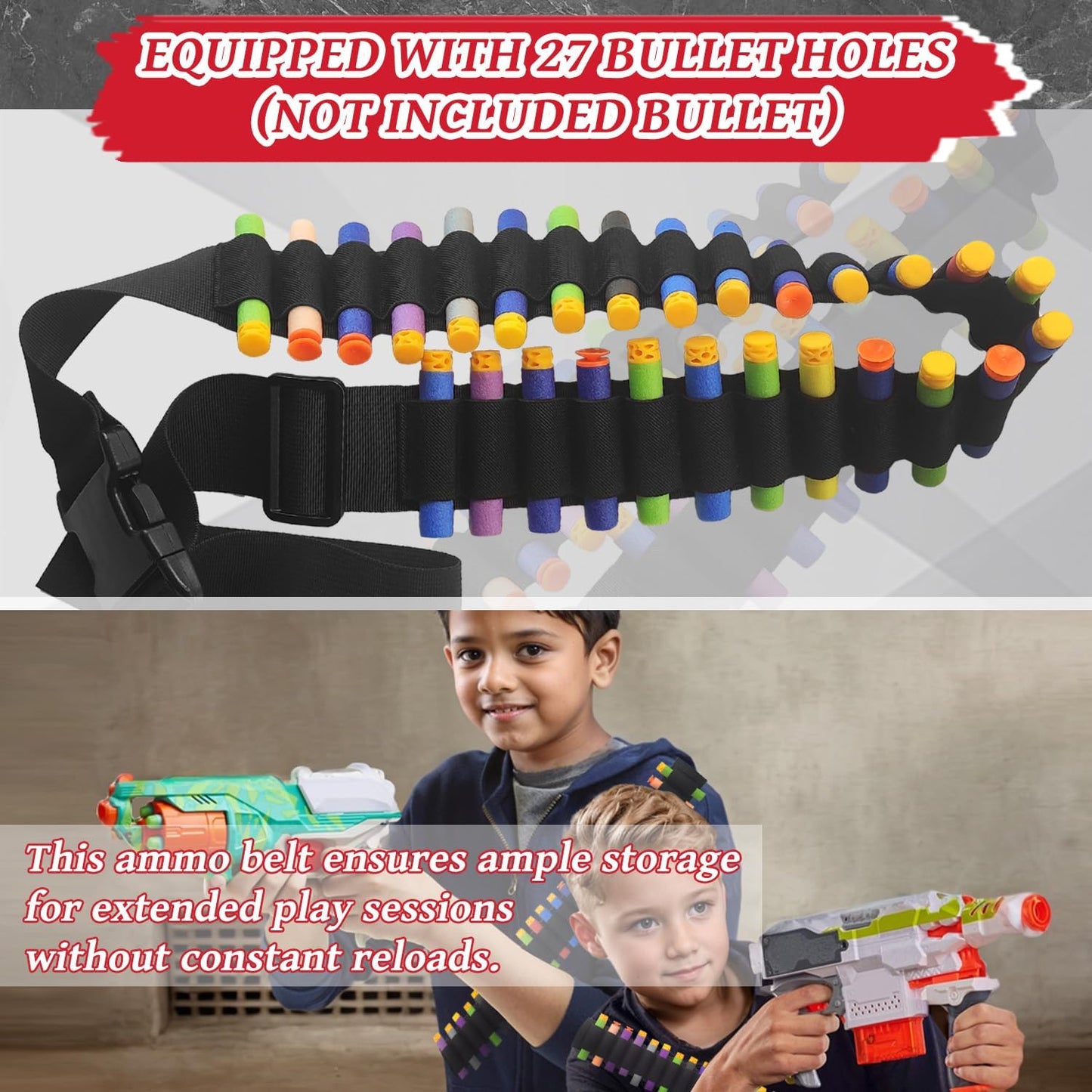 Adjustable Nylon Foam Dart Belt Strap Quick Release Buckle 27 Bullet Holes, Compatible for NERF Mega & N-Strike Elite Series, Ideal Boys Girls Gifts, Outdoor Play(Black)
