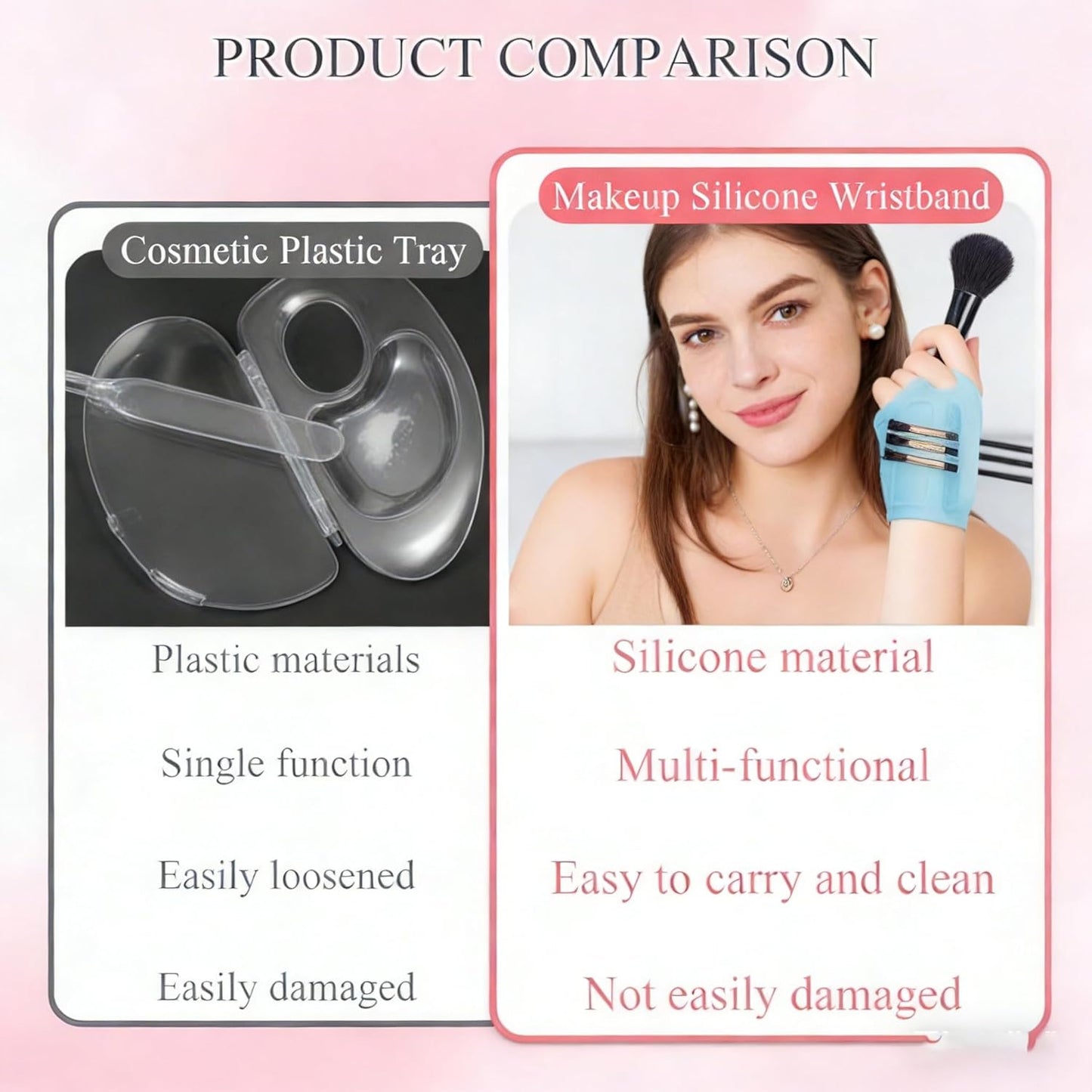 Silicone Makeup Assistant Wristband, Professional Portable Beauty Tool with Brush Holder, Color Mixing Palette & Cleaning Zone, Adjustable Hand Strap for Artists Daily Use(Pink)