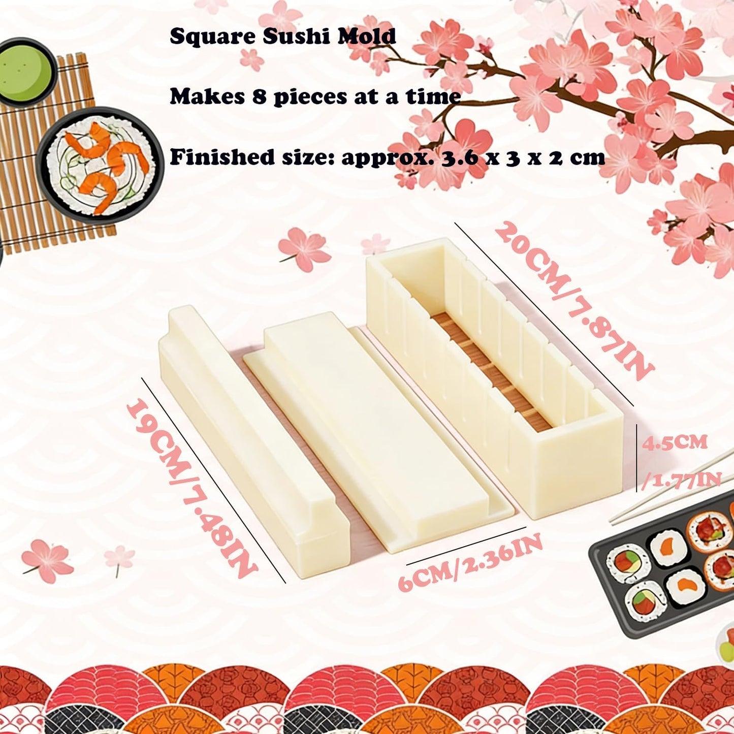 Sushi Maker Mold Kit, Easy DIY Onigiri Rice Ball Press, Plastic Shaper Tool for Home Kitchen Beginners (Square Shape)