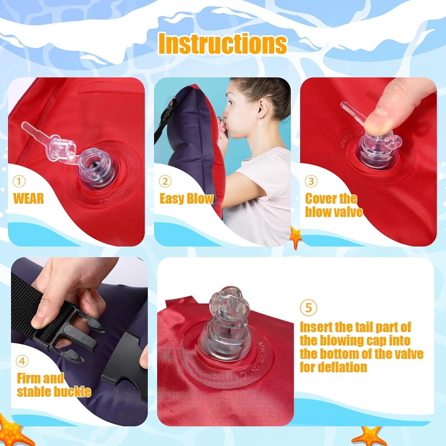 1 Pcs Inflatable Swim Belt Pool Flotation Portable Waist Aid for Adults Adjustable Swimming Training with Buckle and Rope Beginner Red Blue Solid Color