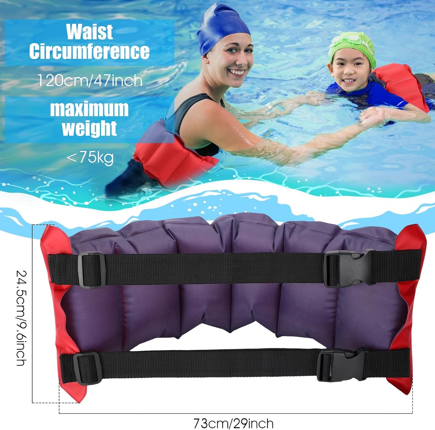 Inflatable Swim Belt Pool Flotation Portable Waist Floatation Aid for Adults Adjustable Training with Buckle and Rope Swimming Beginners Red Blue