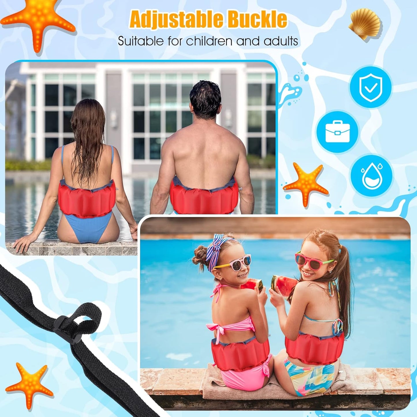 Inflatable Swim Belt Pool Flotation Portable Waist Floatation Aid for Adults Adjustable Training with Buckle and Rope Swimming Beginners Red Blue