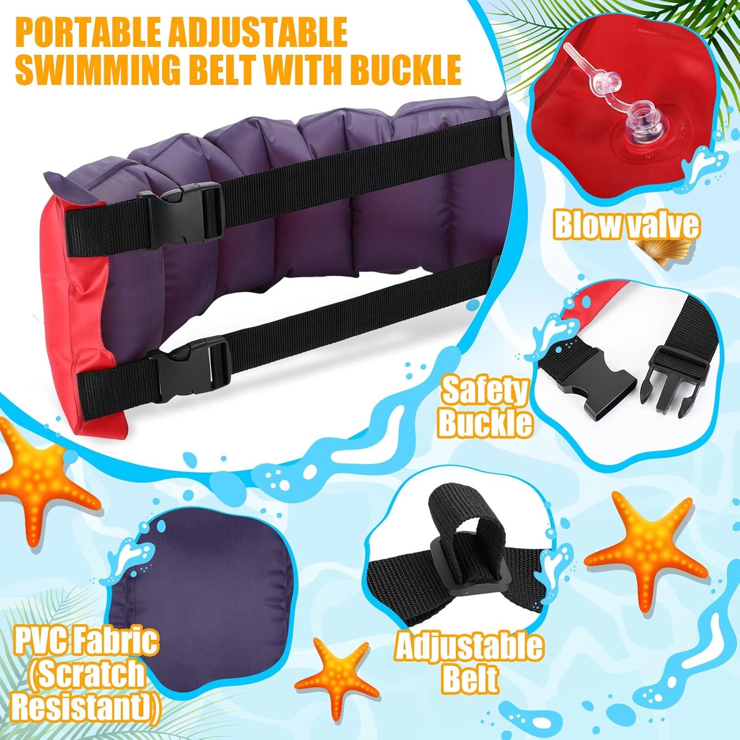 Inflatable Swim Belt Pool Flotation Portable Waist Floatation Aid for Adults Adjustable Training with Buckle and Rope Swimming Beginners Red Blue