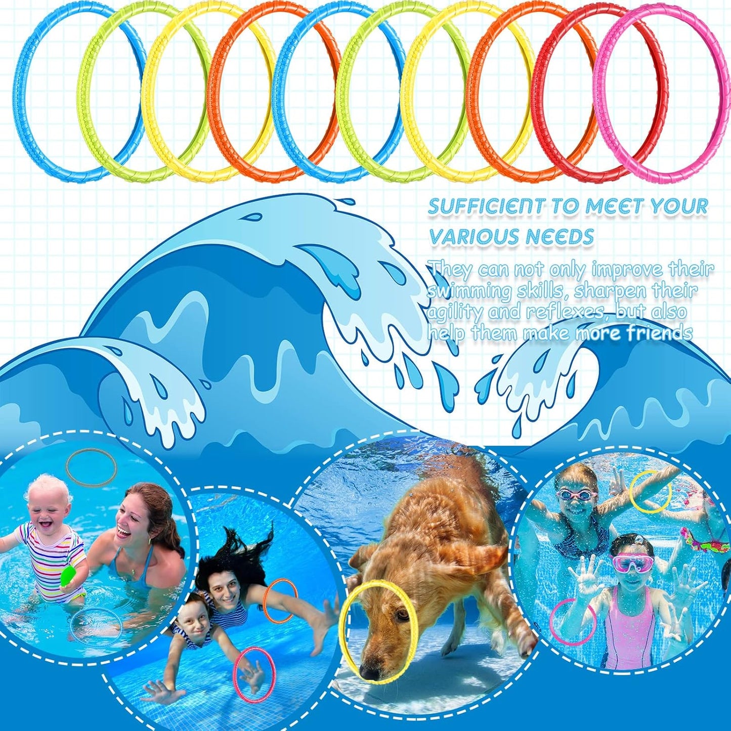 30 Pcs Diving Rings Rainbow Pool Bulk for Kids Swimming Toy Easy to Find & Grab Suitable Adults, 6 Colors