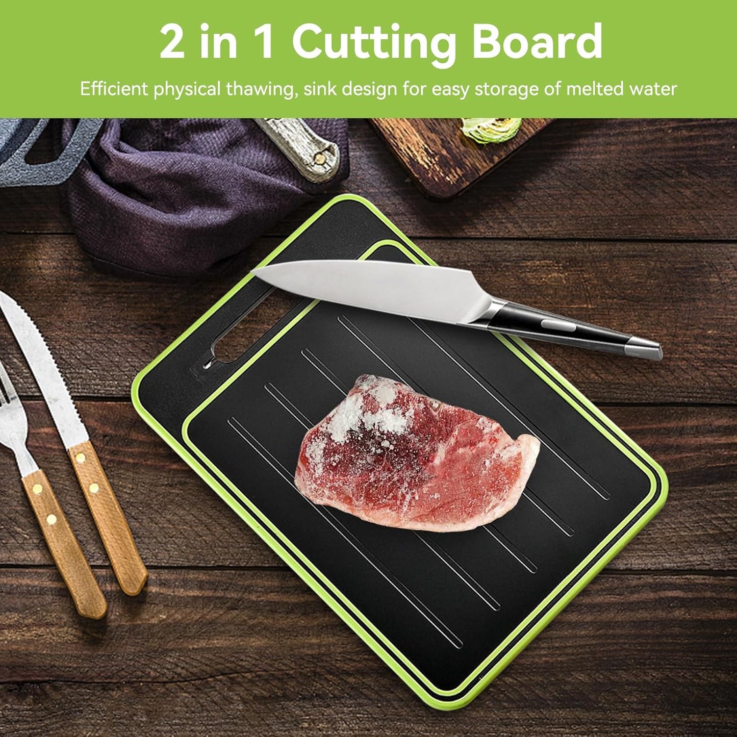2 in 1 Defrosting Tray, Defrost Cutting Board with Knife Sharpener, Thawing Tray for Frozen Meat, Double Sided Sharpener