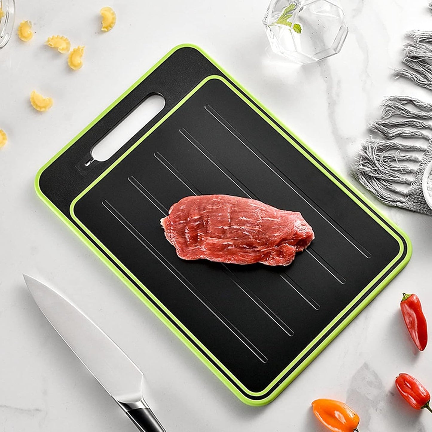 2 in 1 Defrosting Tray, Defrost Cutting Board with Knife Sharpener, Thawing Tray for Frozen Meat, Double Sided Sharpener