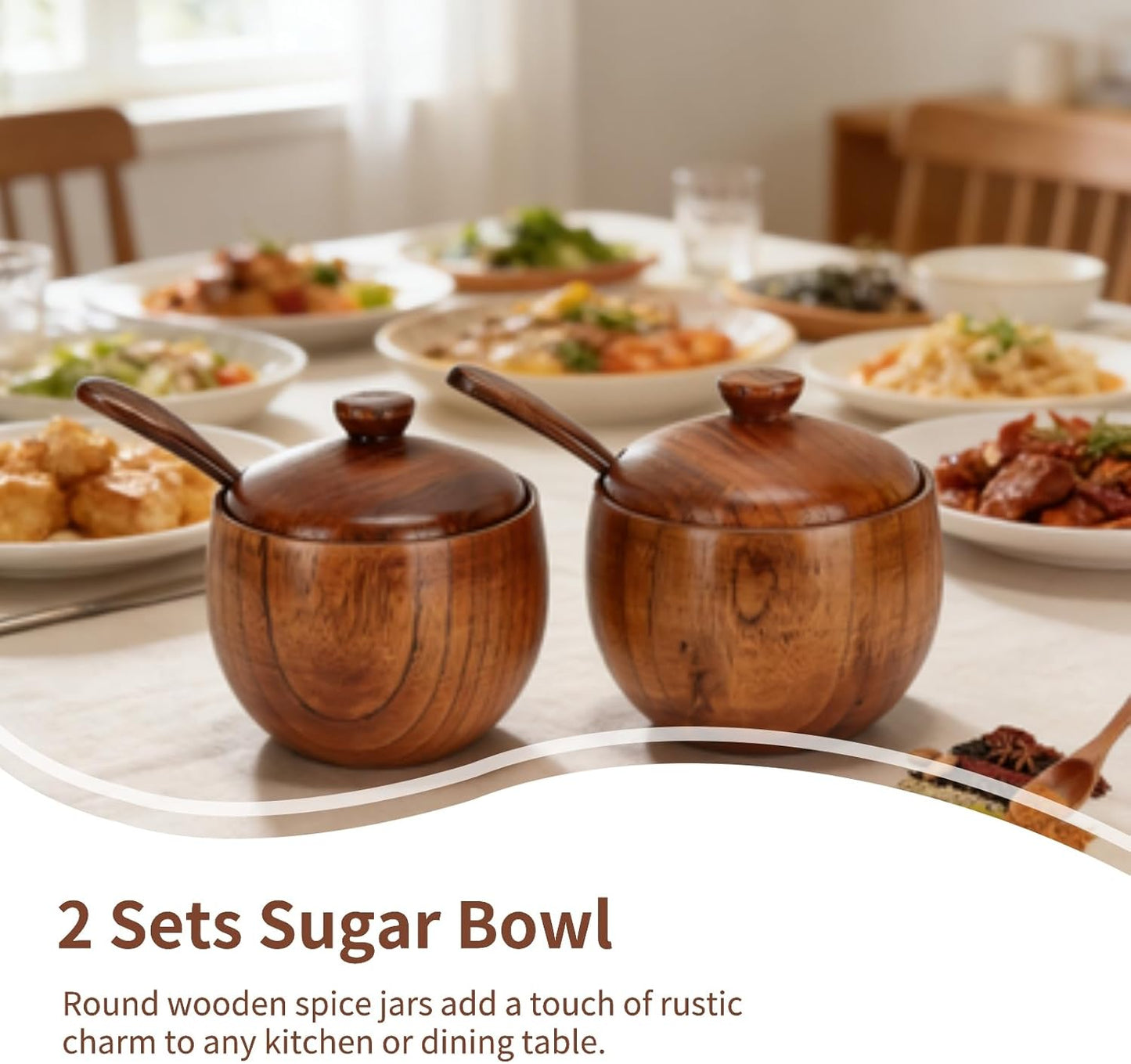 2 Pack Sugar Bowl with Lid and Spoon, Coffee Container Set Wooden Condiment Pot Decorative Storage Seasoning for Bar Table, Kitchen, Countertop