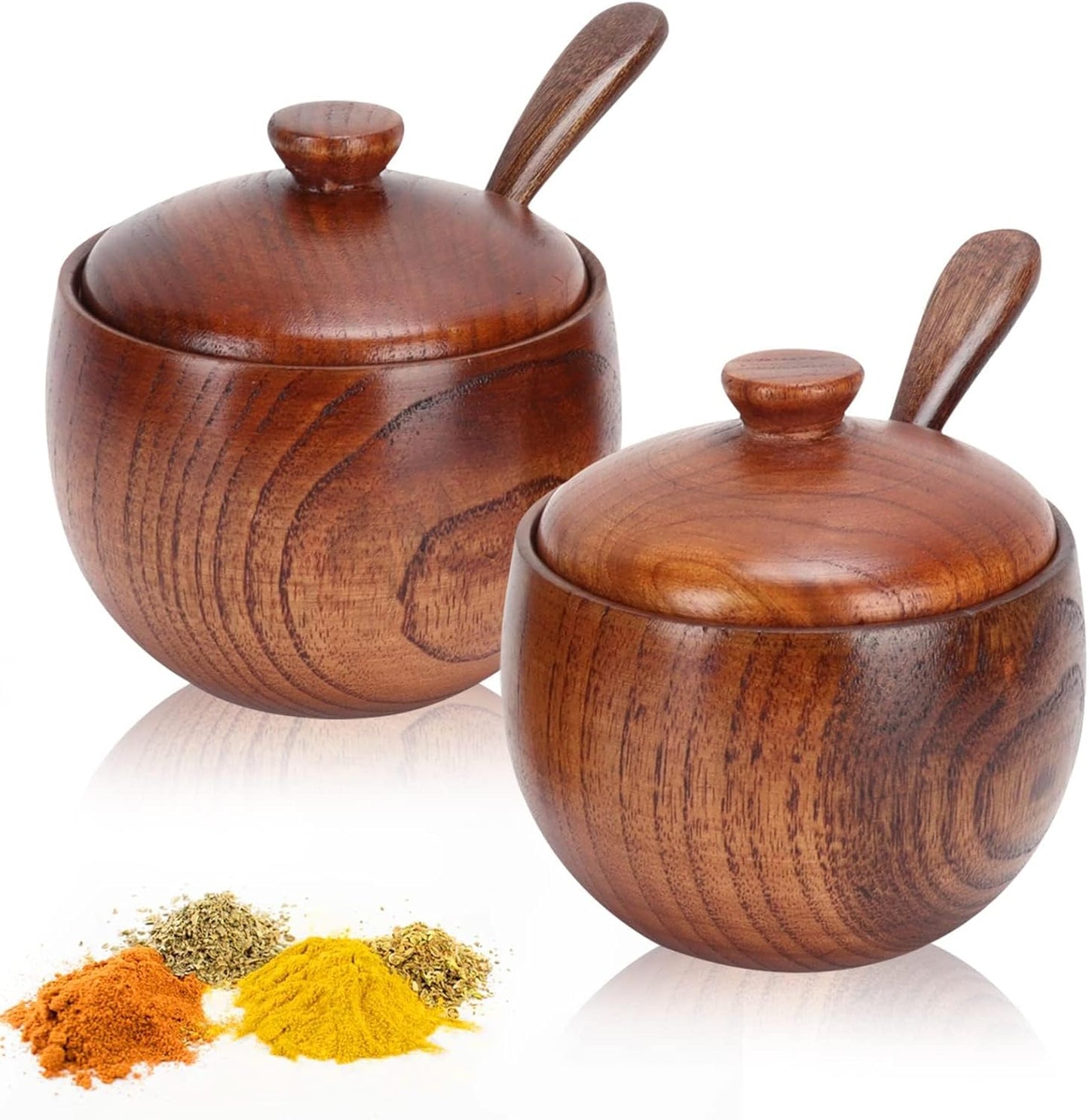 2 Pack Sugar Bowl with Lid and Spoon, Coffee Container Set Wooden Condiment Pot Decorative Storage Seasoning for Bar Table, Kitchen, Countertop