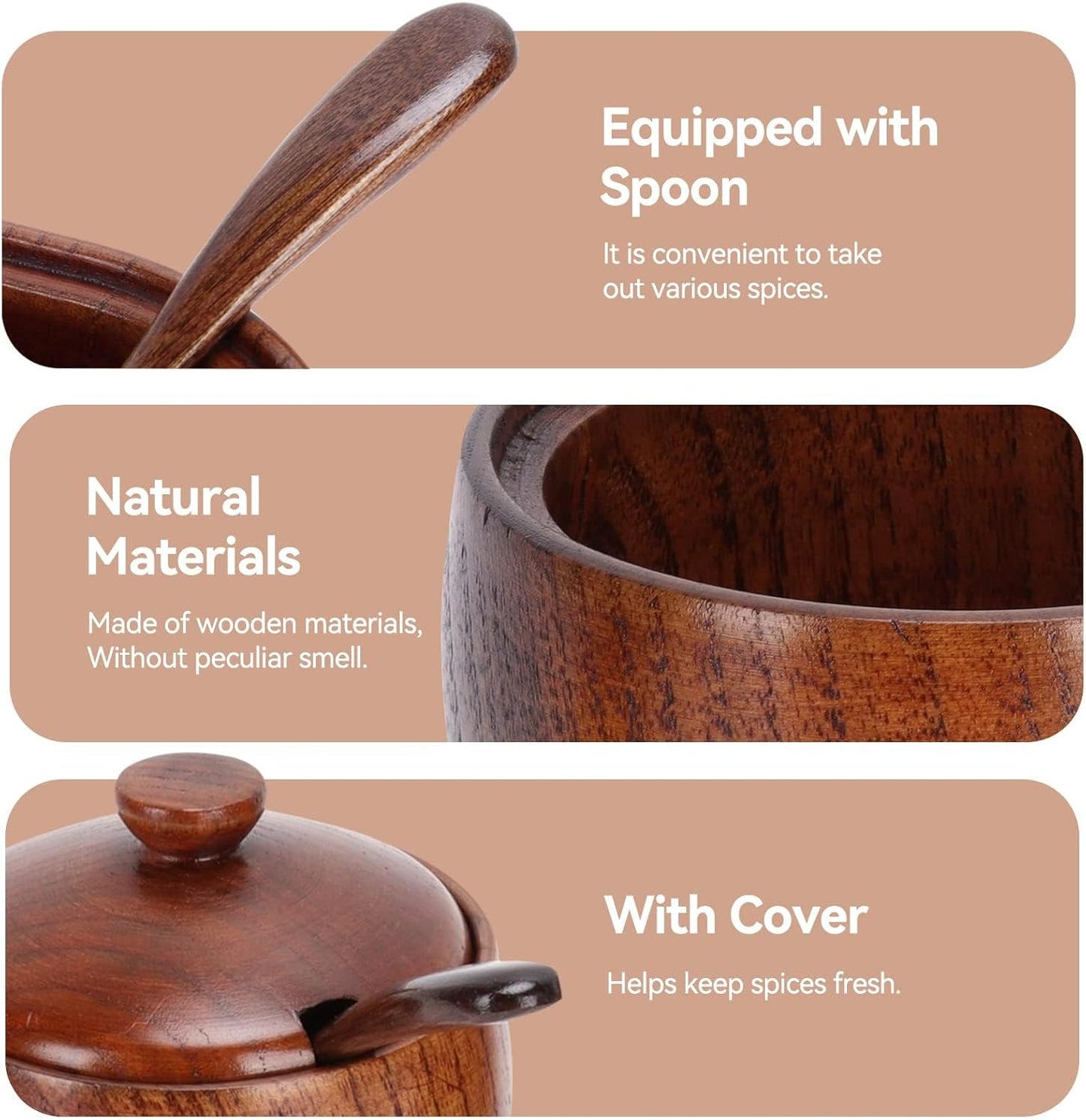 2 Pack Sugar Bowl with Lid and Spoon, Coffee Container Set Wooden Condiment Pot Decorative Storage Seasoning for Bar Table, Kitchen, Countertop