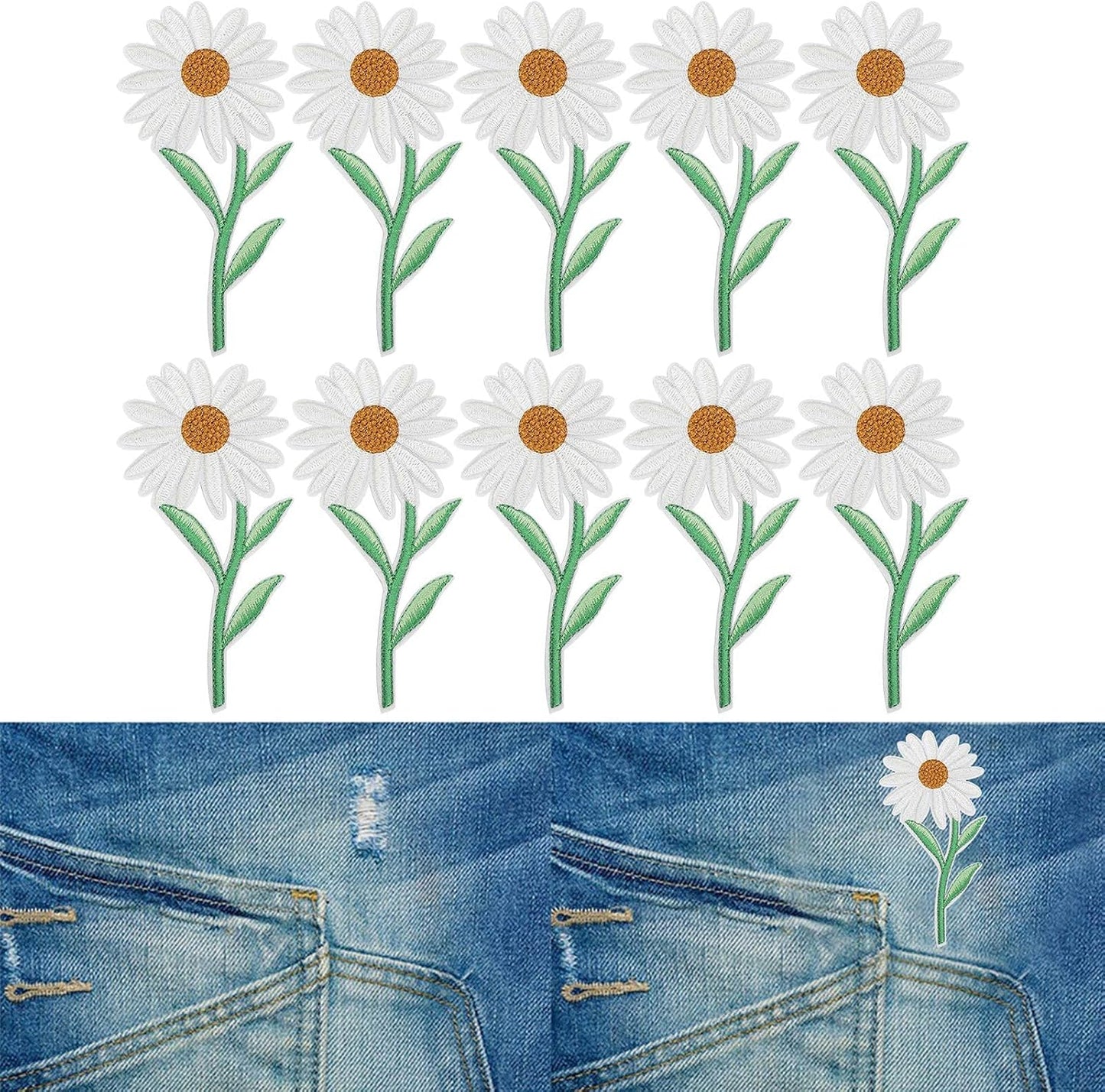 10PCS Flower Patches, Daisy Iron on Patches Embroidered Applique Sewing Patch DIY Decoration for Bags, Jackets, Jeans, Clothes