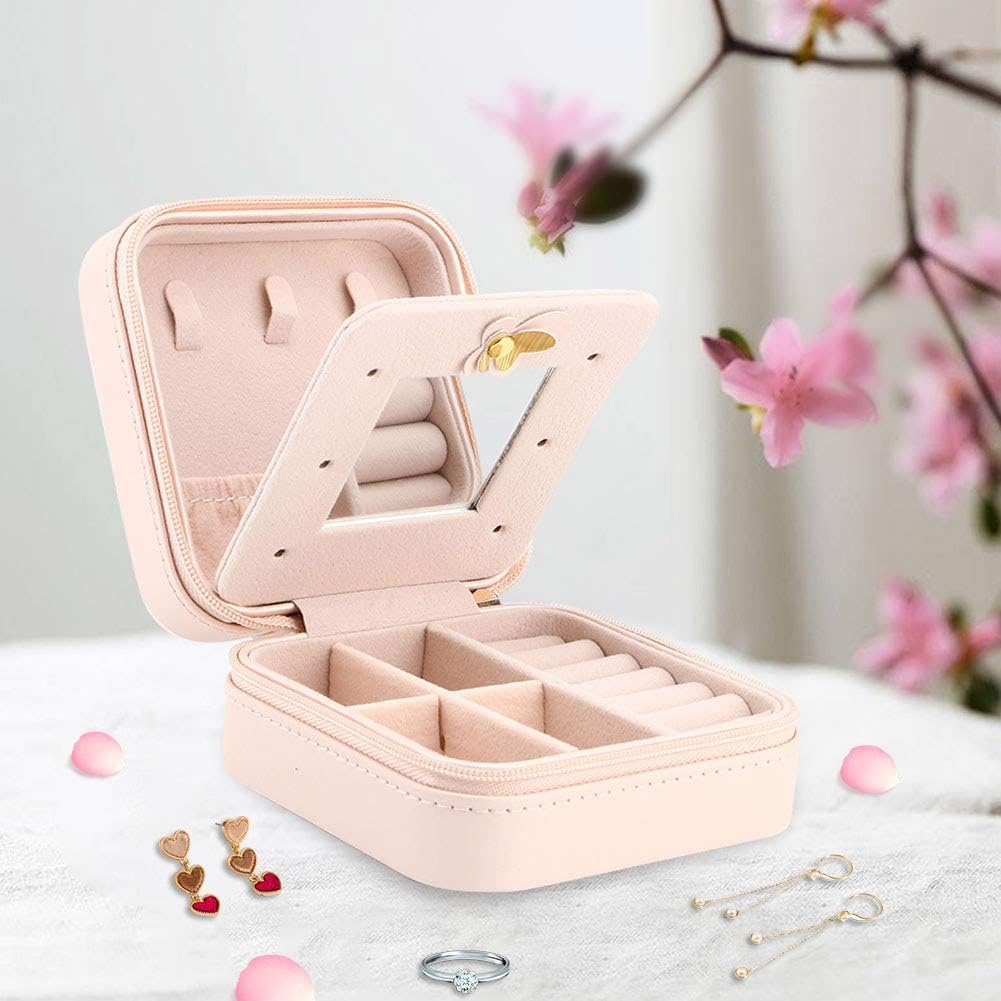 Small Jewelry Box, Travel Case PU Leather Organizer Storage Holder Portable Jewellery Display for Necklace Earring Rings (Double layer bare powder bicycle)