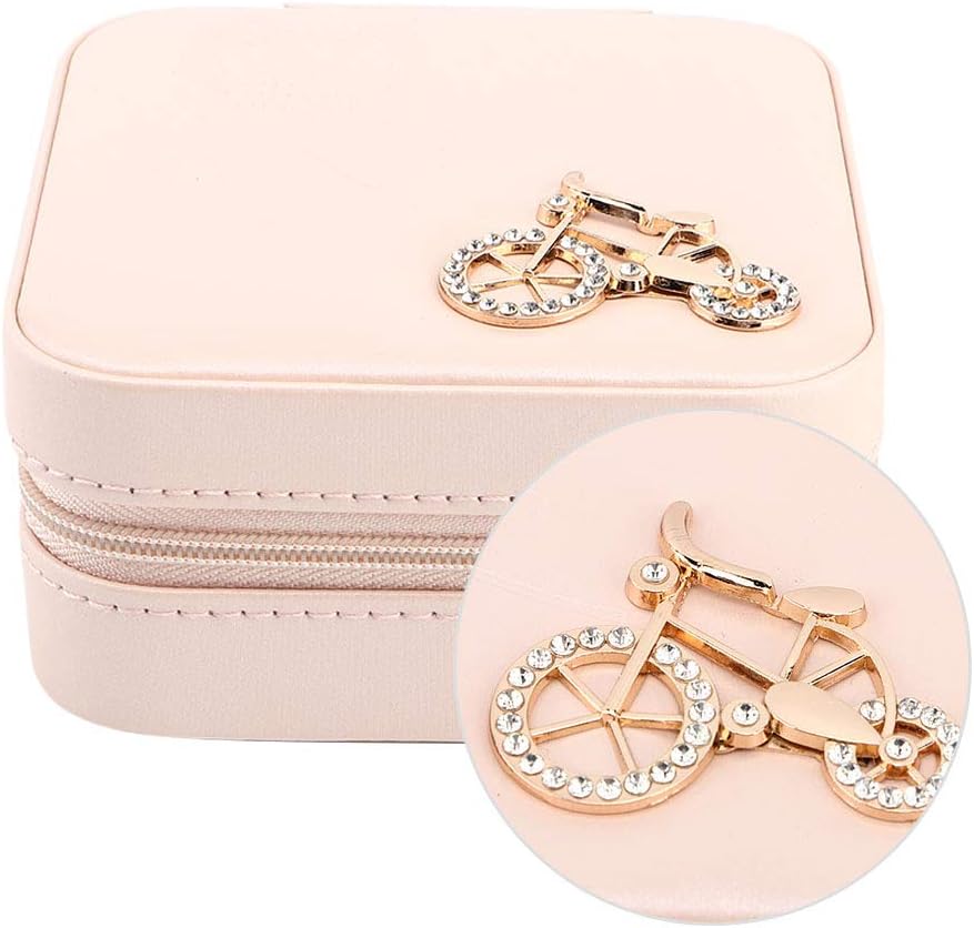 Small Jewelry Box, Travel Case PU Leather Organizer Storage Holder Portable Jewellery Display for Necklace Earring Rings (Double layer bare powder bicycle)