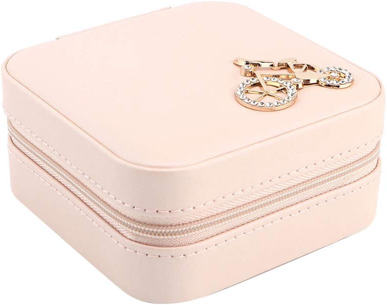 Small Jewelry Box, Travel Case PU Leather Organizer Storage Holder Portable Jewellery Display for Necklace Earring Rings (Double layer bare powder bicycle)