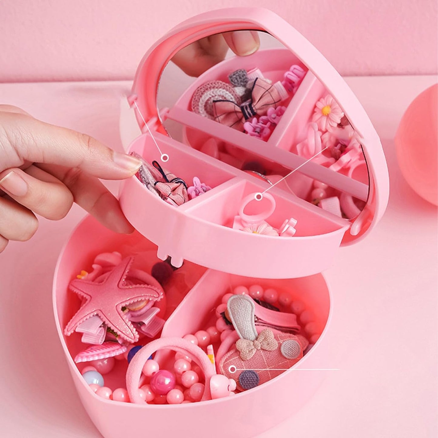Girls Jewelry Box, 2 Layer Holder Organizer Heart Shape Portable Case with Mirror Travel for Earrings Rings Necklaces