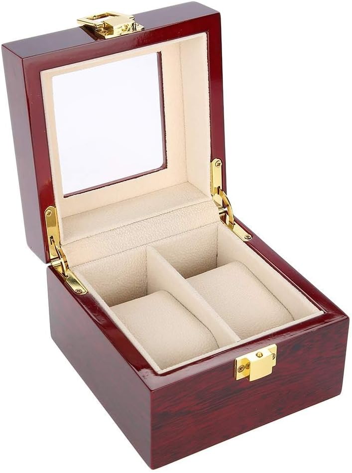 Wooden Watch Box, 2 Slots Storage Case Organizer Beige Soft Flannel Lining Red Box for Men with Clear Lid