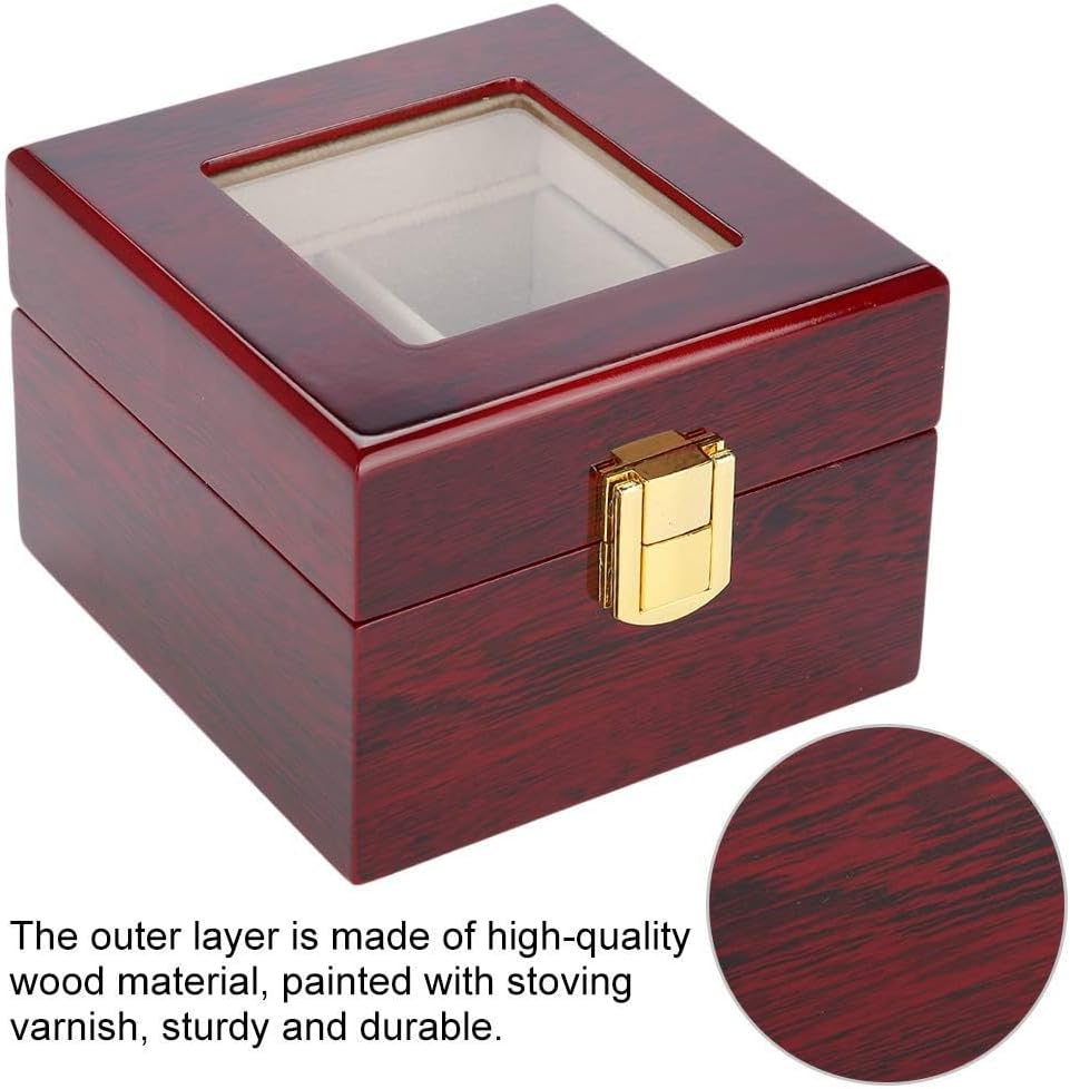 Wooden Watch Box, 2 Slots Storage Case Organizer Beige Soft Flannel Lining Red Box for Men with Clear Lid