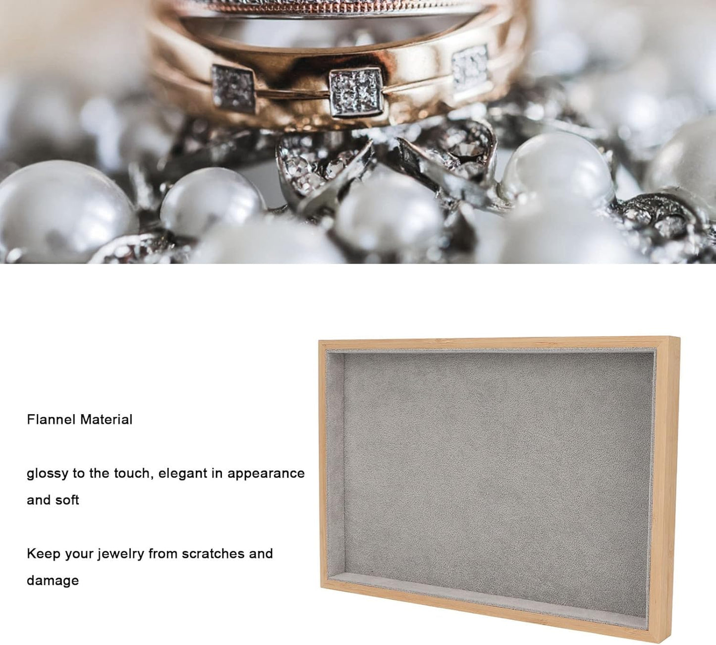 Velvet Stackable Jewelry Tray, Wood Flat Organizer Tray Drawer for Necklace Bracelet Ring Showcase Display(Grey)