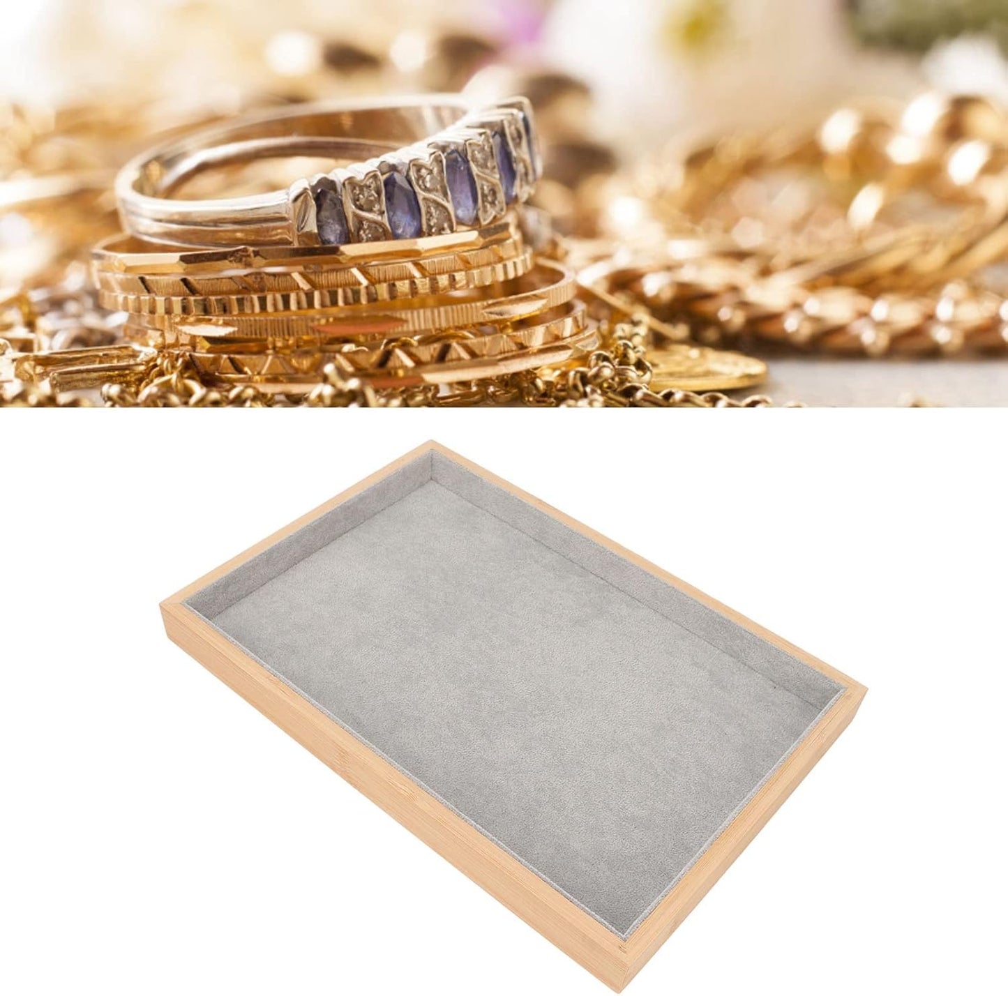 Velvet Stackable Jewelry Tray, Wood Flat Organizer Tray Drawer for Necklace Bracelet Ring Showcase Display(Grey)