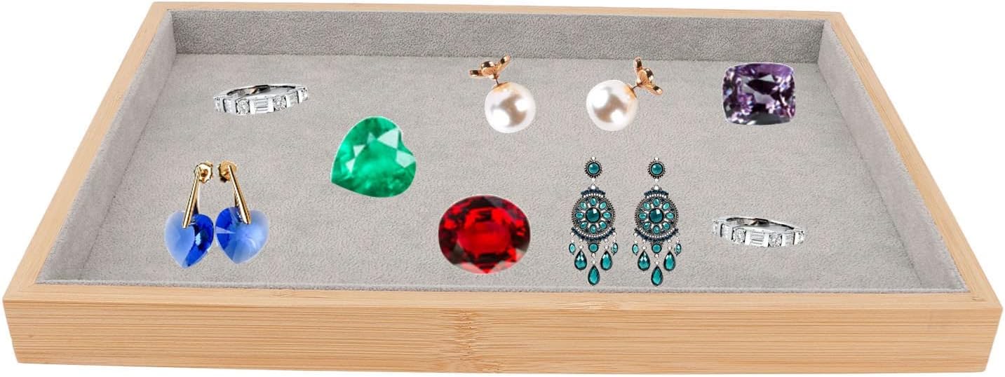 Velvet Stackable Jewelry Tray, Wood Flat Organizer Tray Drawer for Necklace Bracelet Ring Showcase Display(Grey)