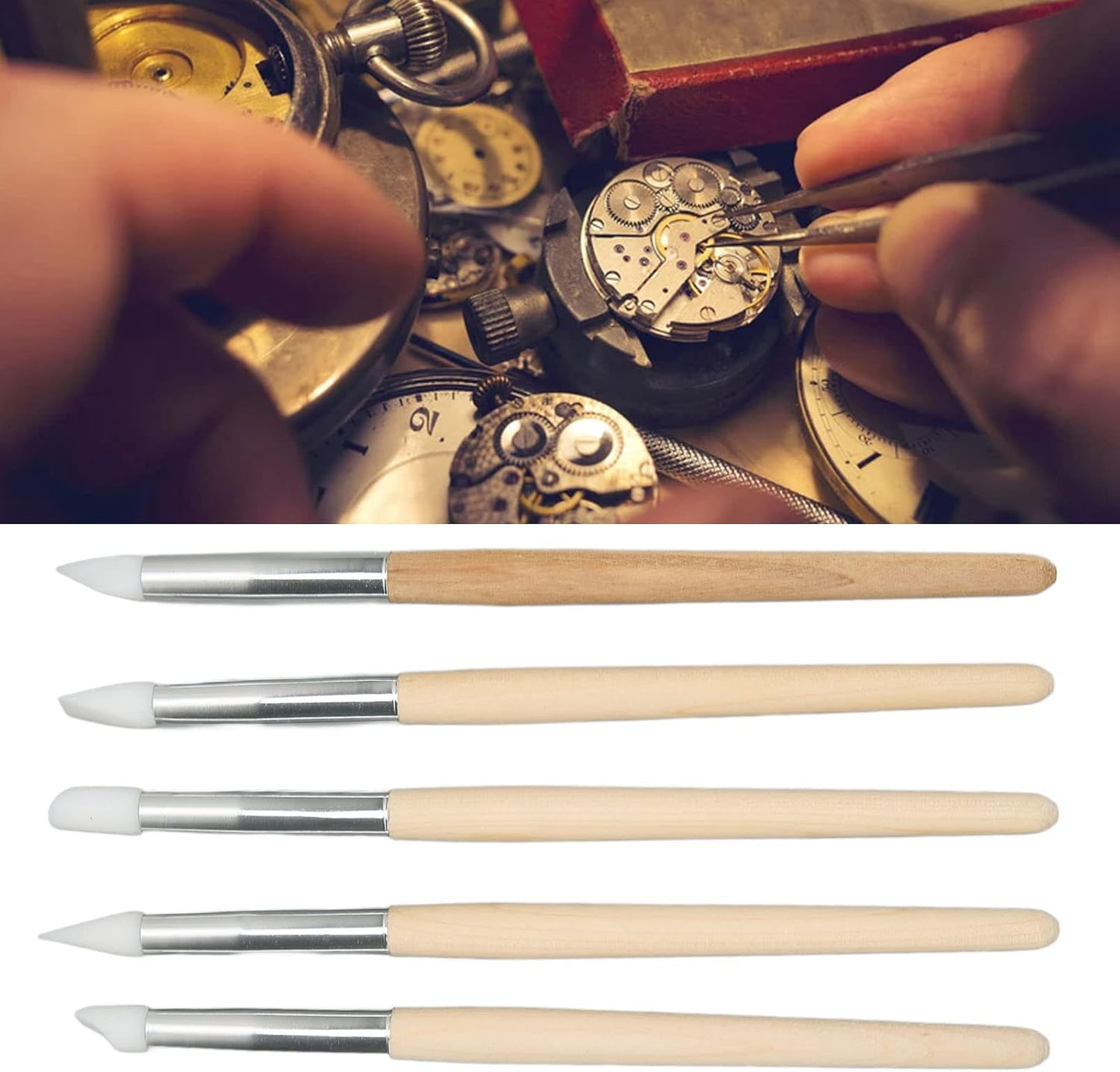 Watch Brush Set, 5Pcs Wristwatch Movement Small Part Cleaning Tool Set Wood Handle Soft Brushes for Watchmakers