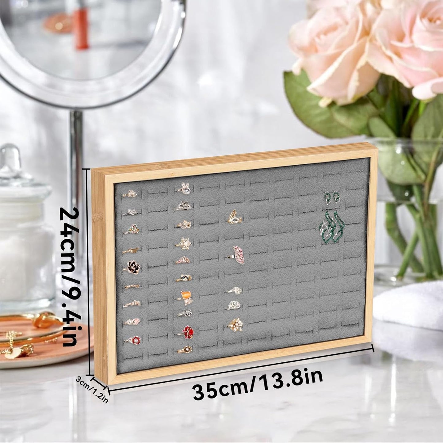 Rings Organizer Tray, 100 Slots Ring Earrings Trays Velvet Jewelry Display Tray Earring Storage Box rawer for Women Girls(grey)