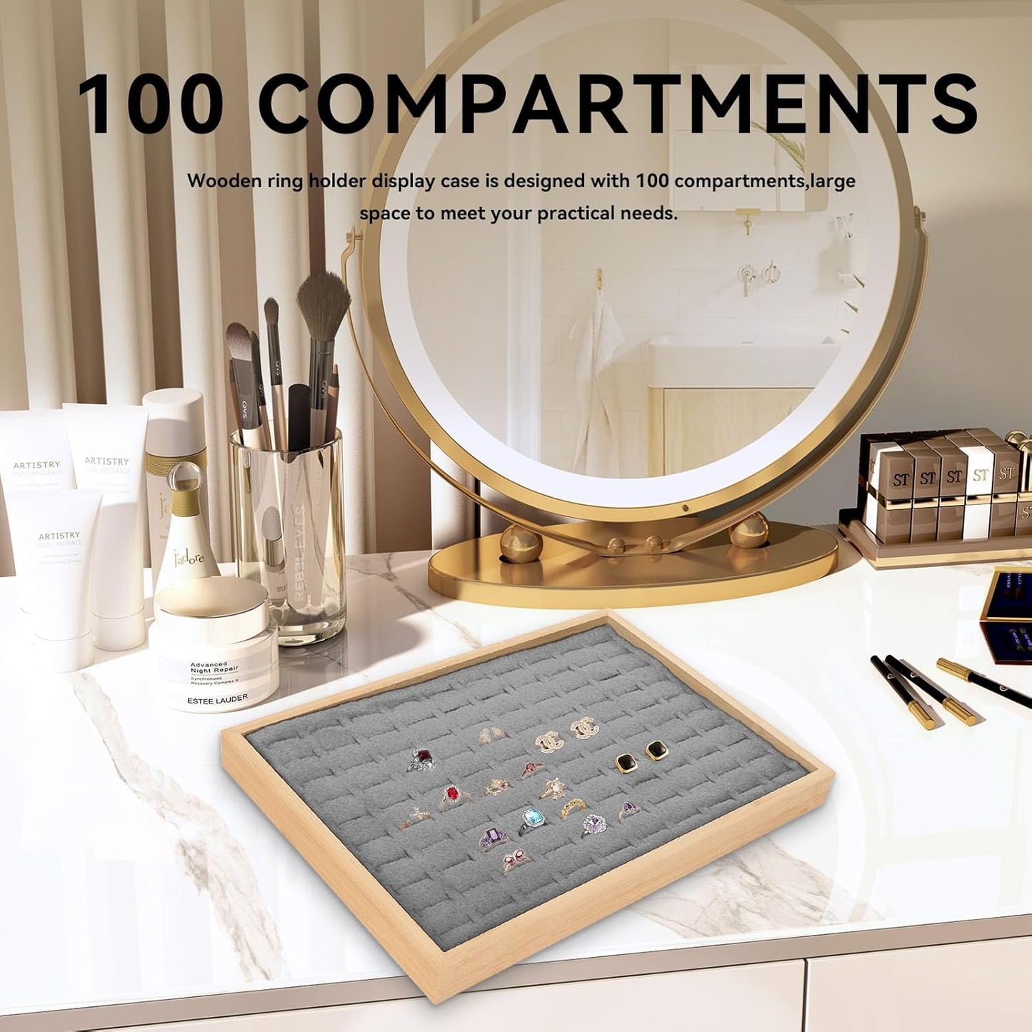 Rings Organizer Tray, 100 Slots Ring Earrings Trays Velvet Jewelry Display Tray Earring Storage Box rawer for Women Girls(grey)