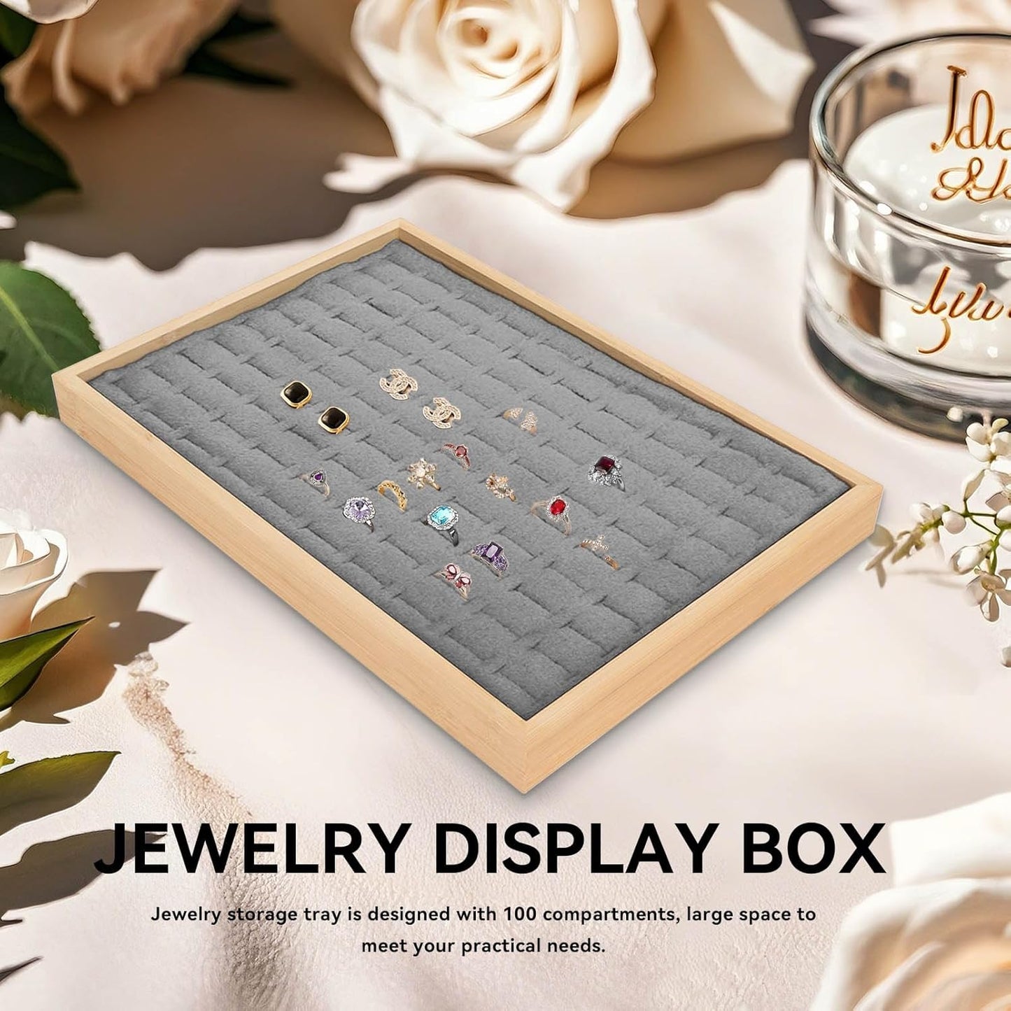 Rings Organizer Tray, 100 Slots Ring Earrings Trays Velvet Jewelry Display Tray Earring Storage Box rawer for Women Girls(grey)