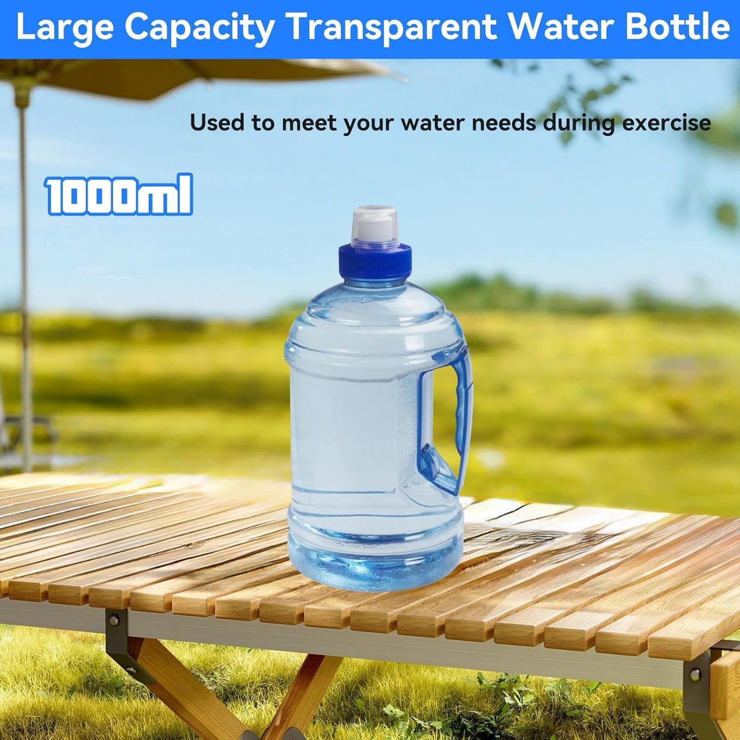 Large Water Bottle, 1l Jug with Handle Clear Sport Bottle Reusable Plastic Leak Proof for Fitness Outdoor Sports Camping, 7.5x3.9 In