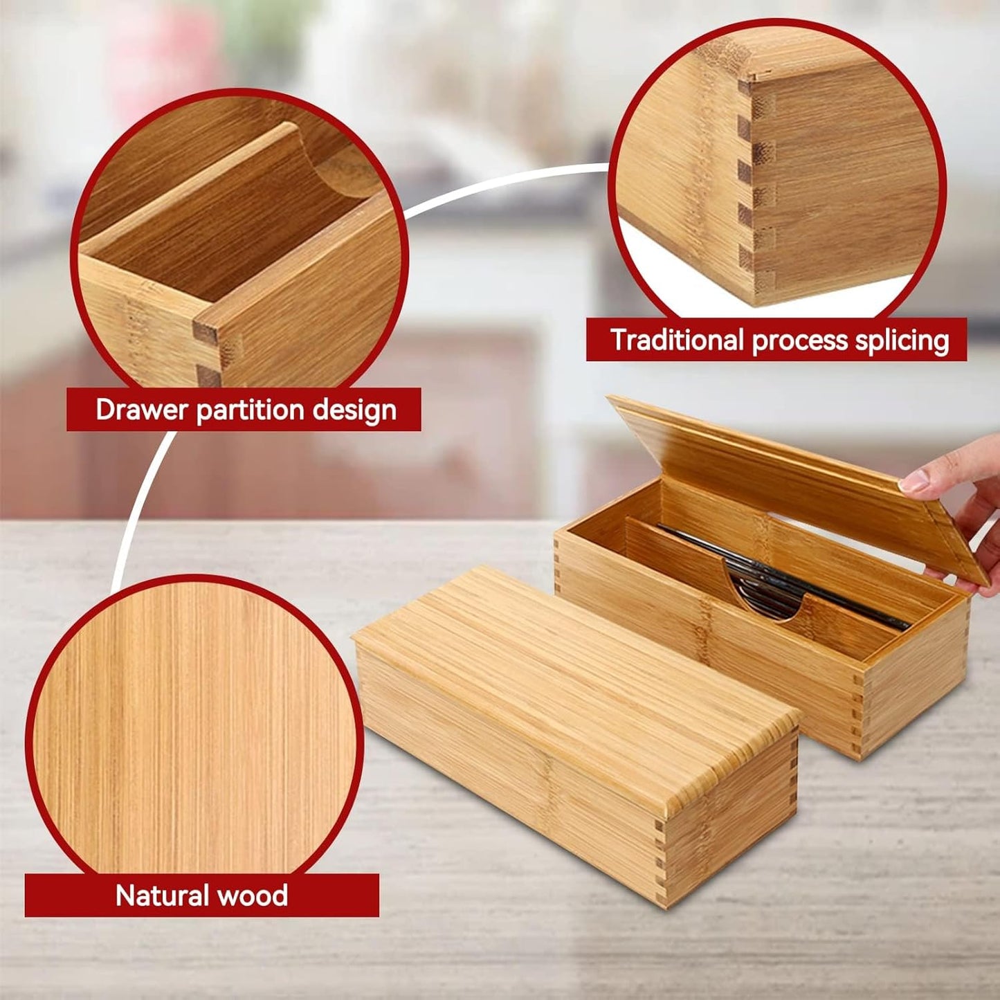 Wooden Cutlery Box with Lid, Small Drawer Organizer Kitchen, in for Spoon Utensil Chopsticks Kitchen Countertop, 10.6x4.3x2.5inch