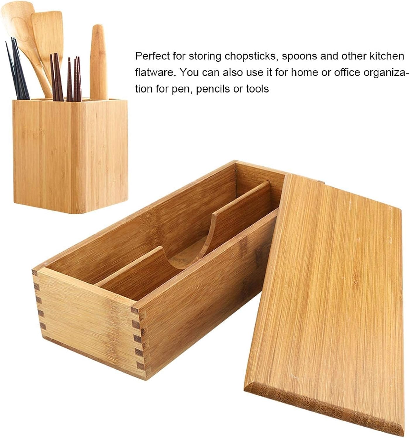 Wooden Cutlery Box with Lid, Small Drawer Organizer Kitchen, in for Spoon Utensil Chopsticks Kitchen Countertop, 10.6x4.3x2.5inch