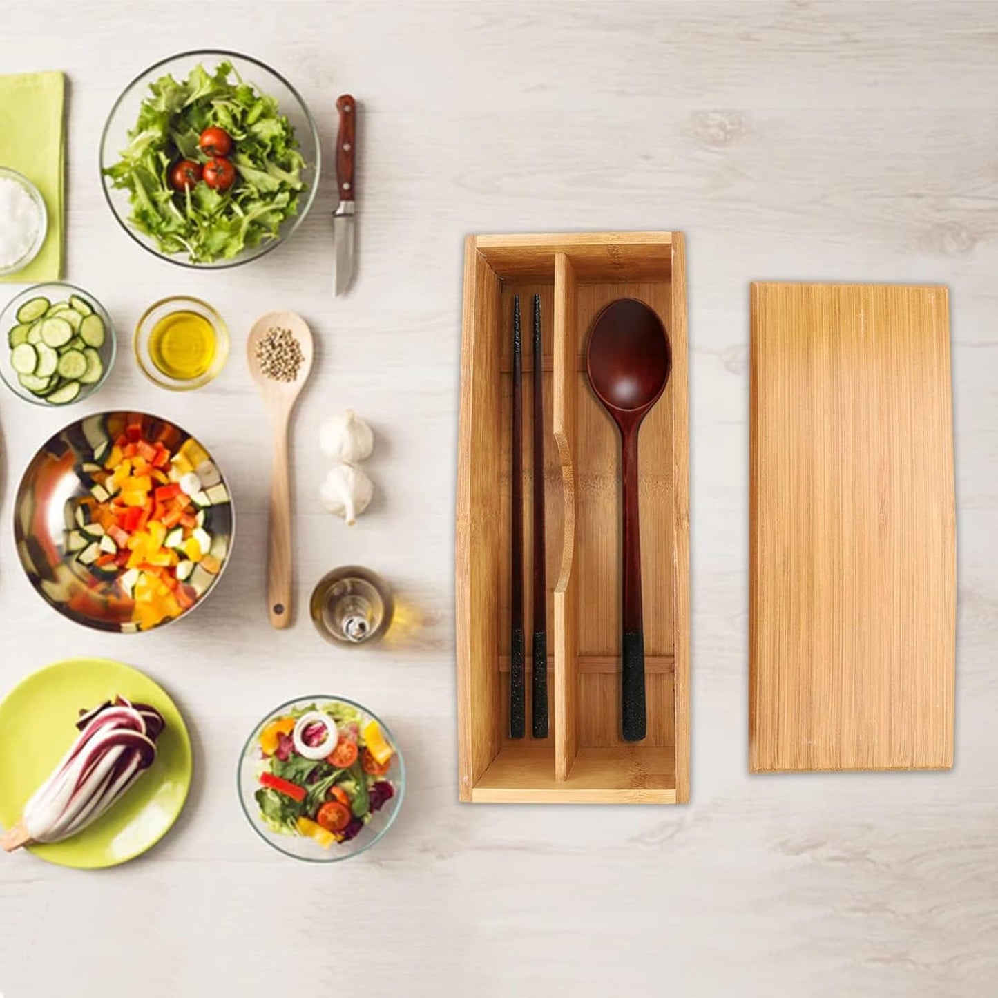 Wooden Cutlery Box with Lid, Small Drawer Organizer Kitchen, in for Spoon Utensil Chopsticks Kitchen Countertop, 10.6x4.3x2.5inch
