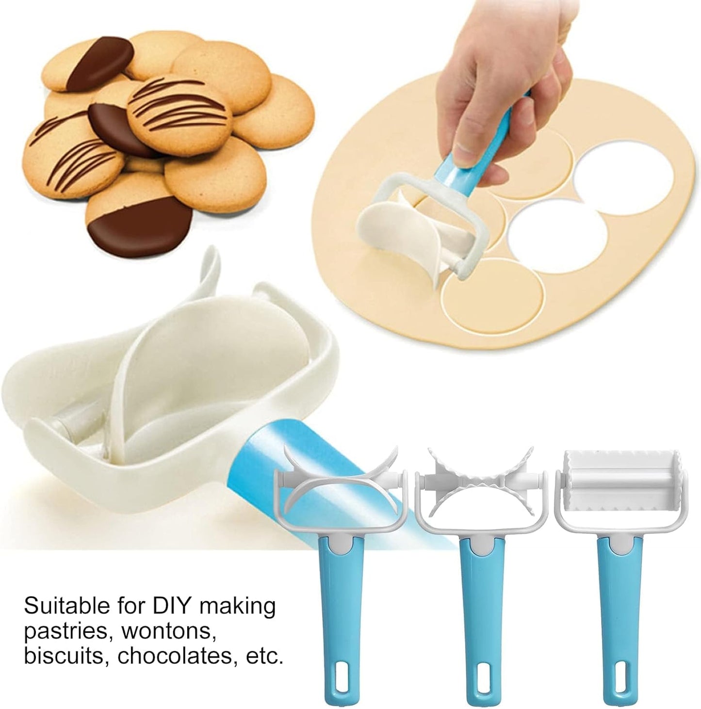 3PCS Pastry Rolling Cutter, Cookie Cutter Plastic Dough Blade Roller Round Fondant Slicer Baking Accessory for Cake Cookies Biscuits
