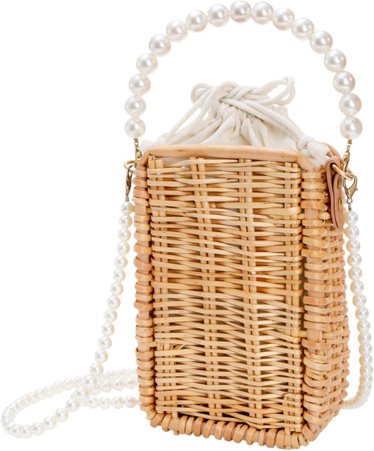 Pearl Basket Purse, Handwoven Rattan Beach Bag For Women, Rectangular Wicker Handbag, Vintage Summer Straw Tote